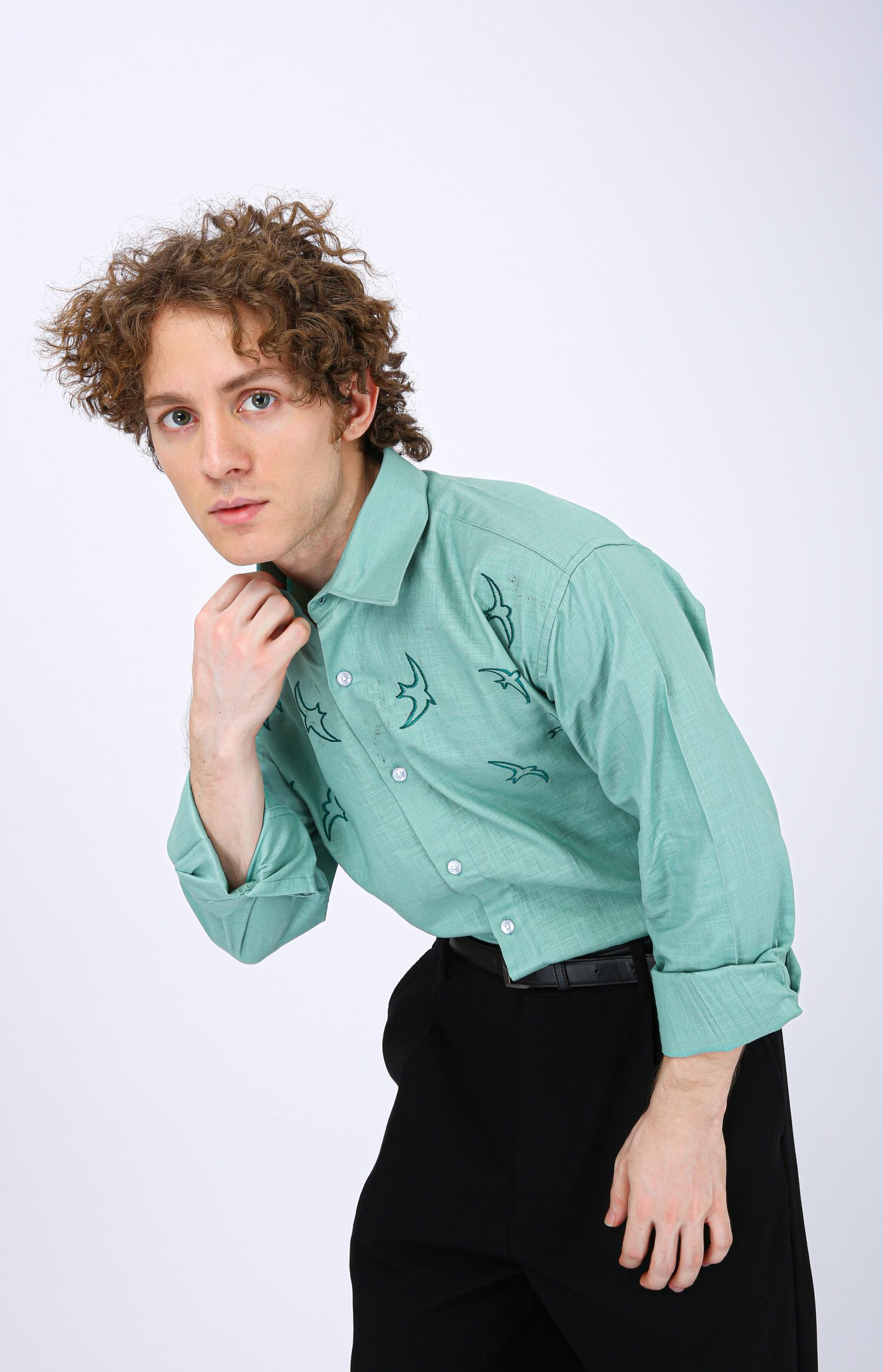 Mooniman Men's Premium Embroidered Formal Shirt - Pastel Green