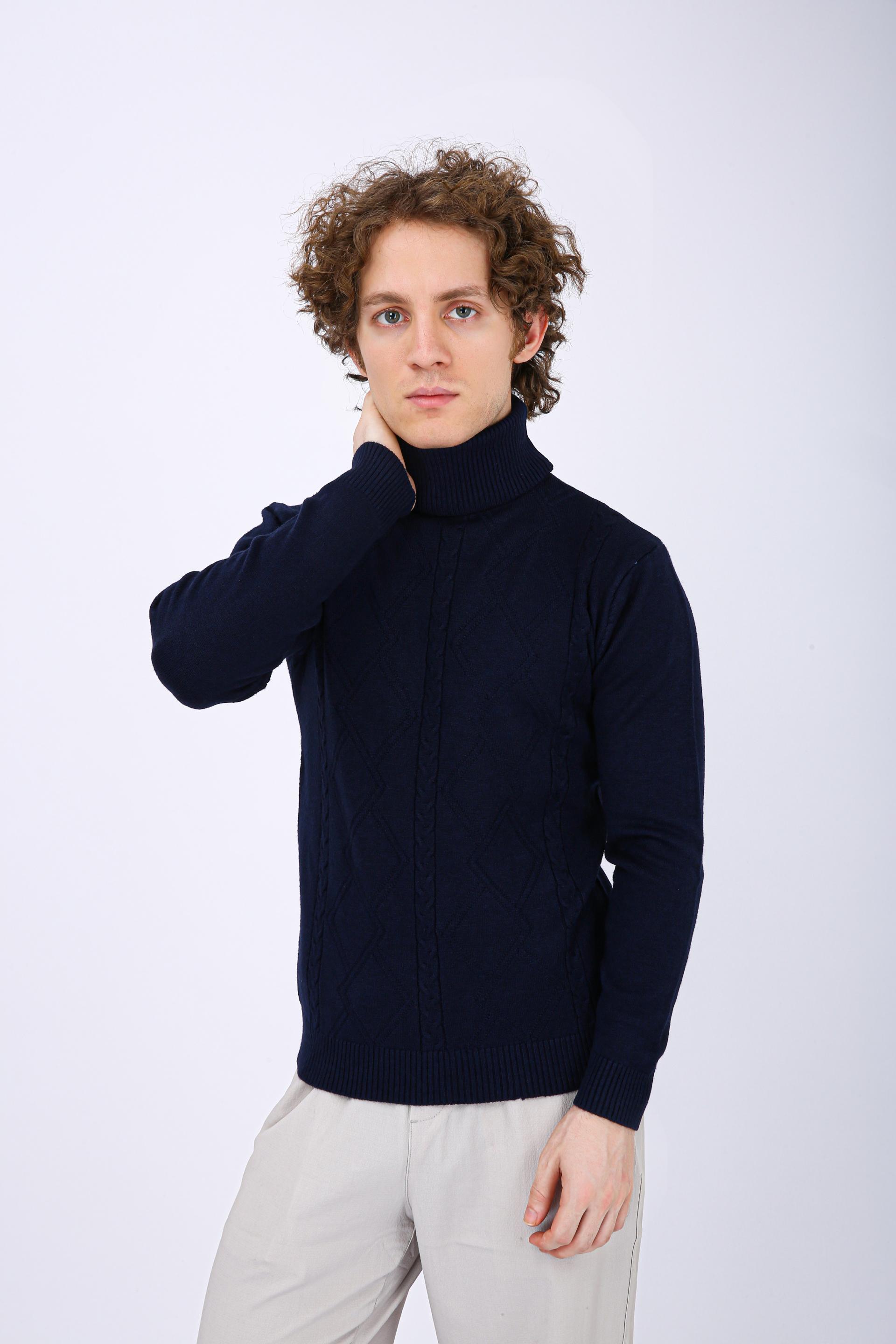 Men's Premium Diamond Knit Turtleneck Sweater - Dark Blue Full Neck