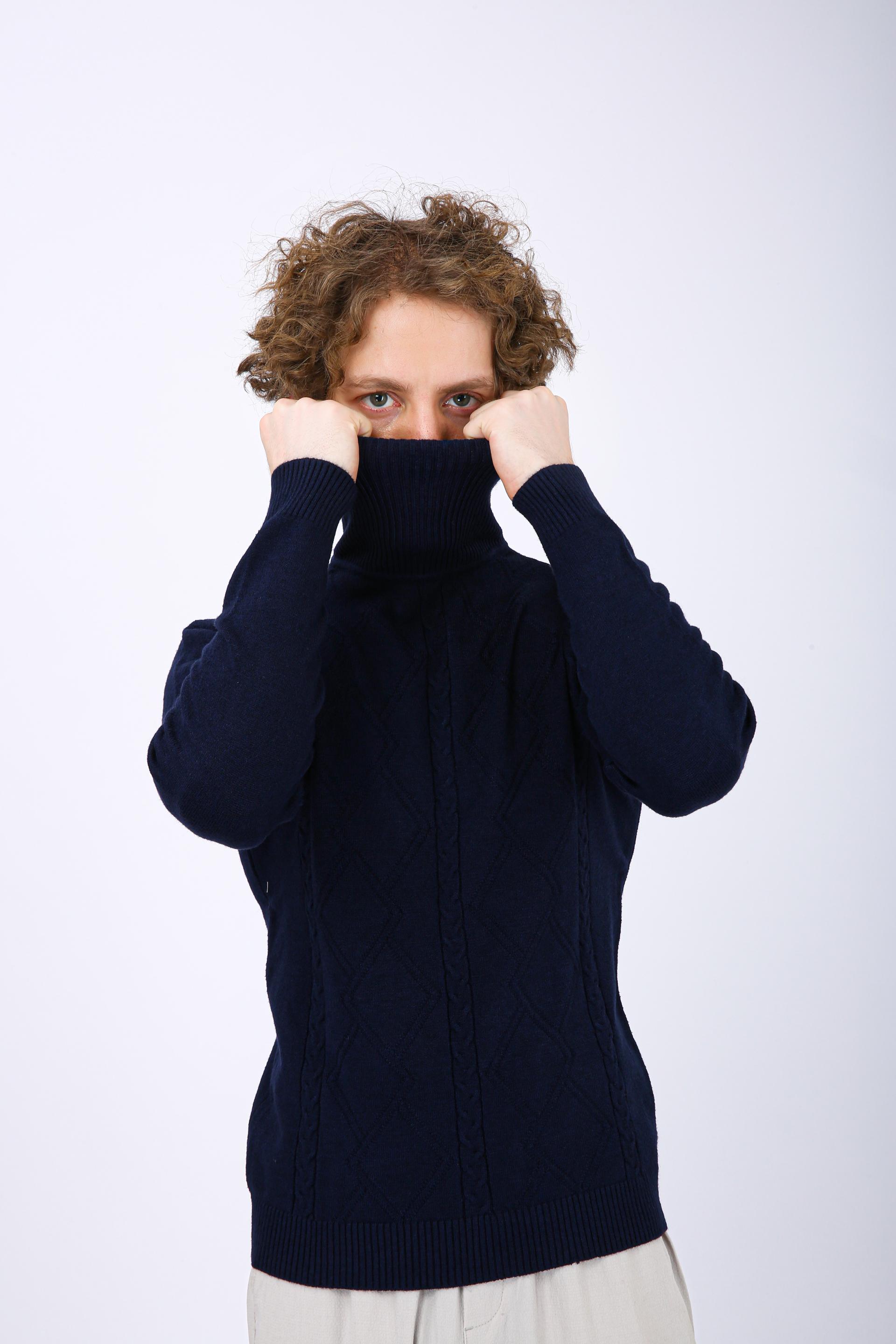 Men's Premium Diamond Knit Turtleneck Sweater - Dark Blue Full Neck