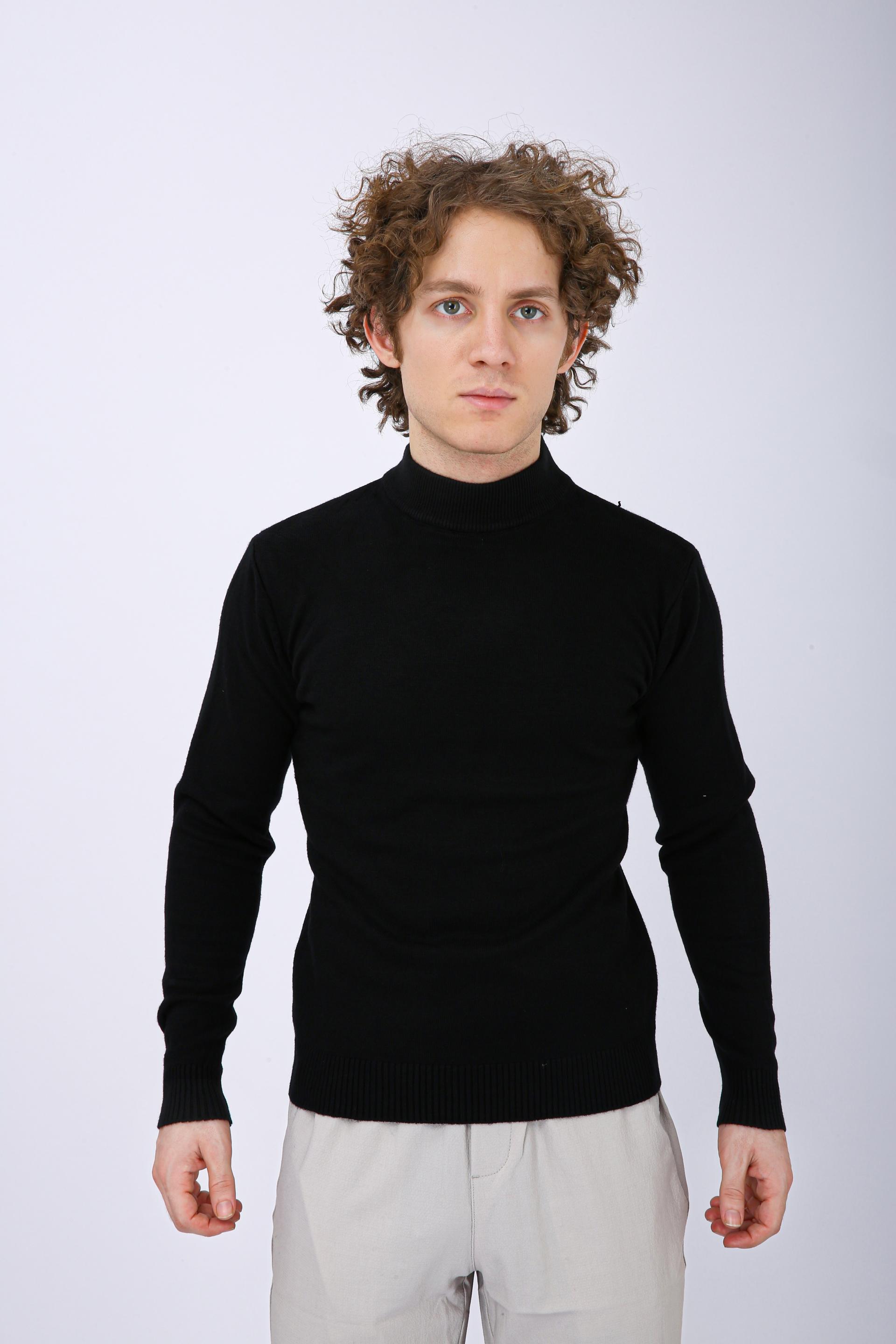 Men's Premium Diamond Knit Turtleneck Sweater - Black Plain Short Neck