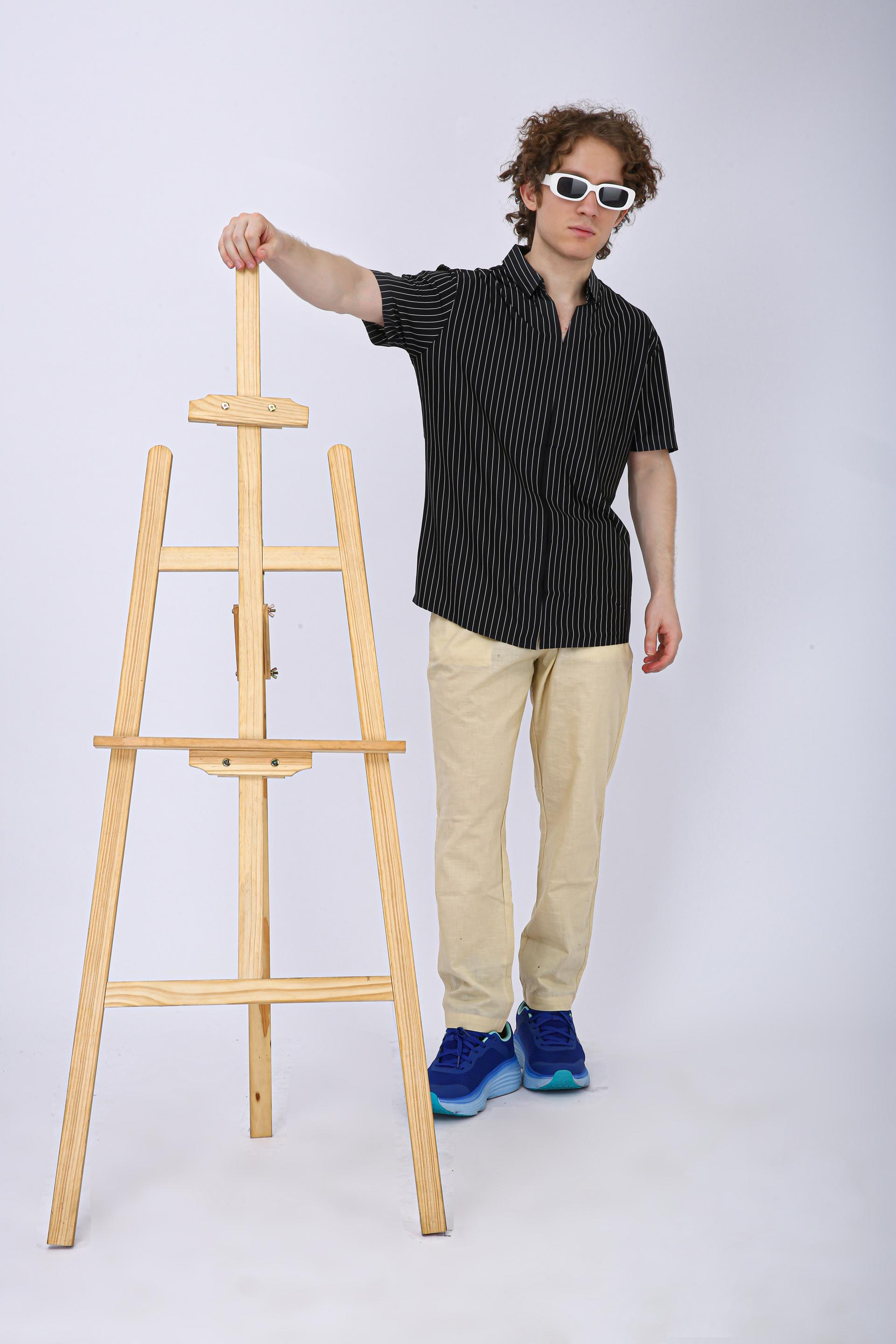 Men's Premium Vertical Striped Resort Shirt - Black