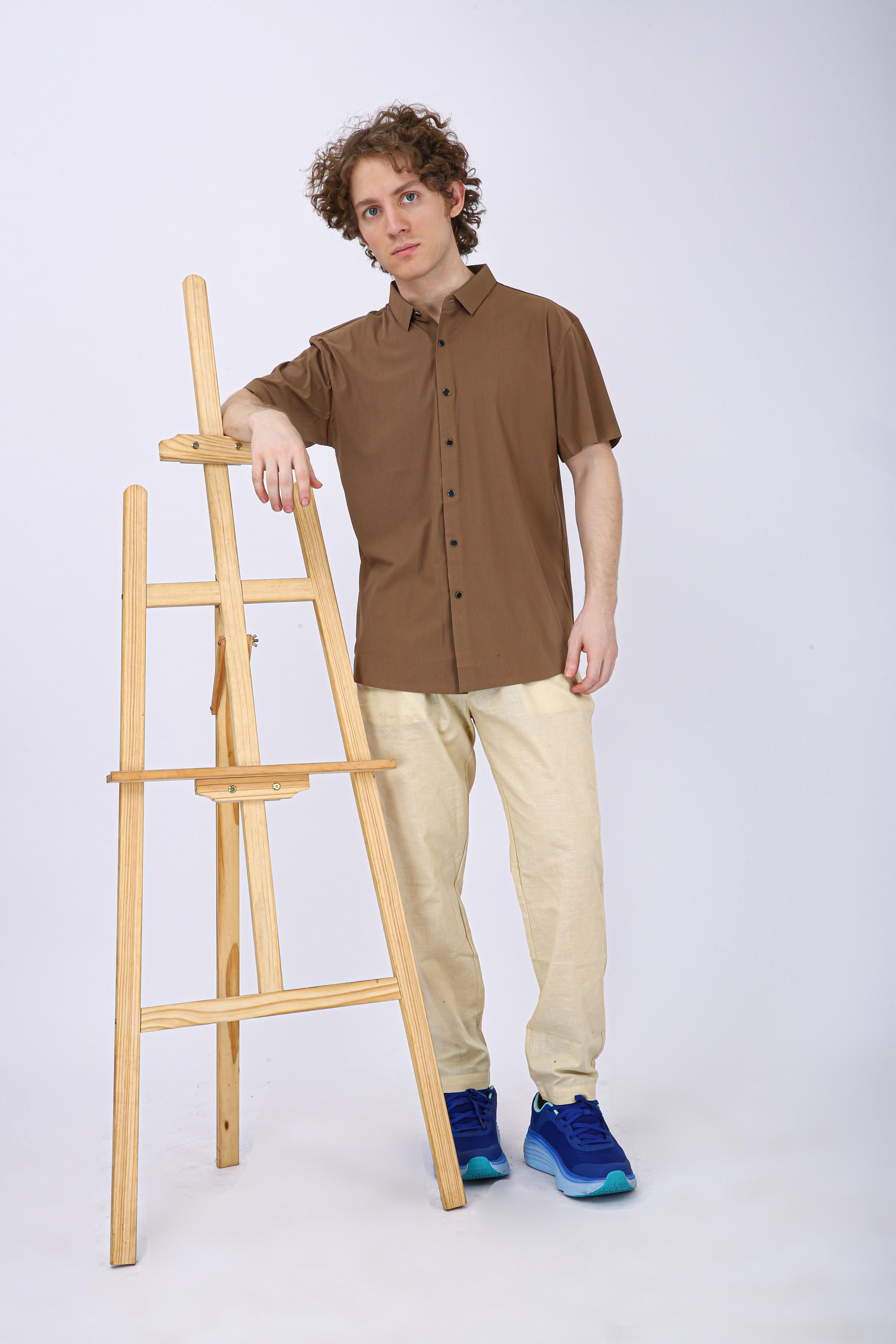 Men's Premium Solid Textured Casual Half Sleeve Shirt - Chiku
