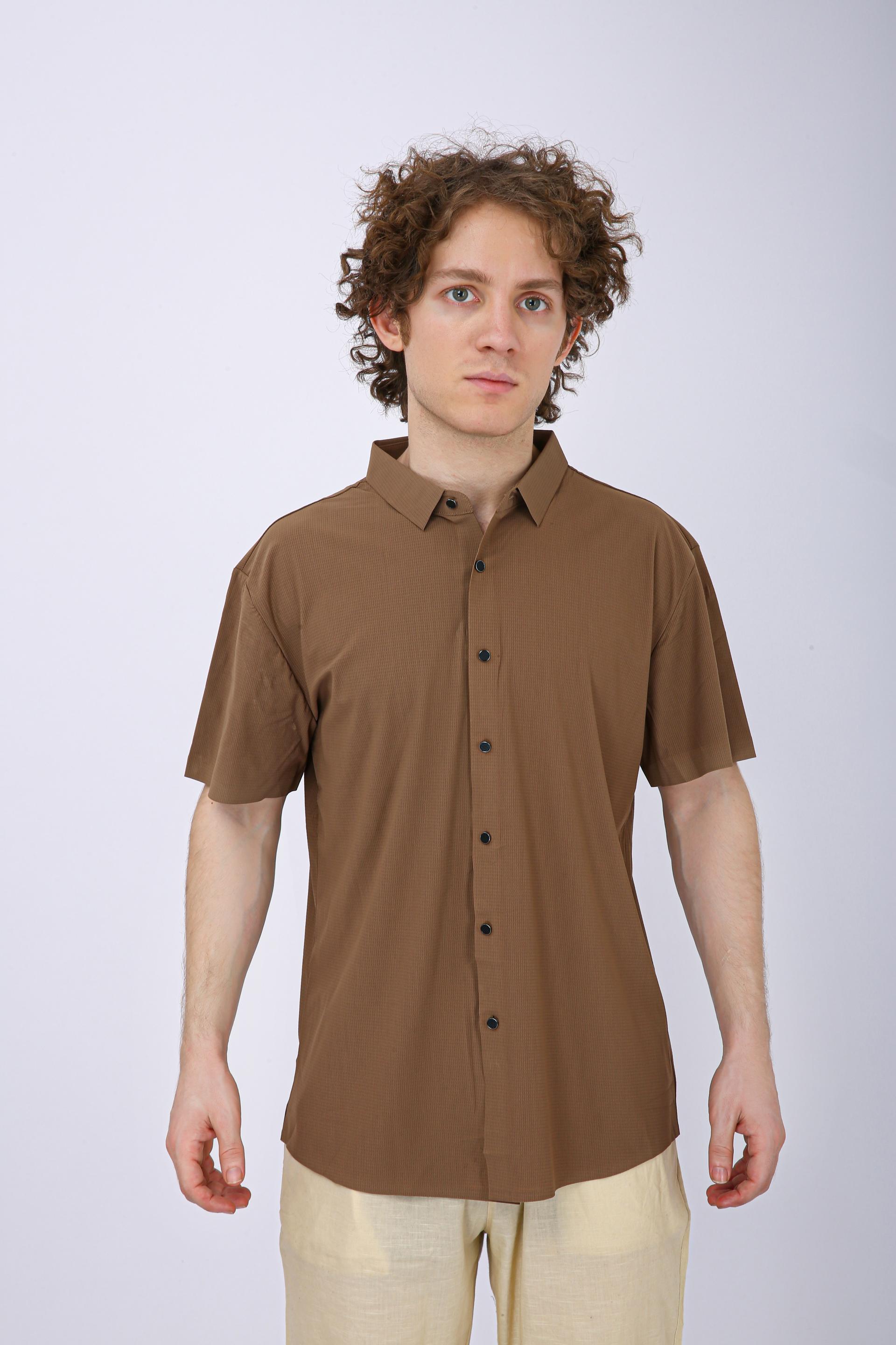 Men's Premium Solid Textured Casual Half Sleeve Shirt - Chiku