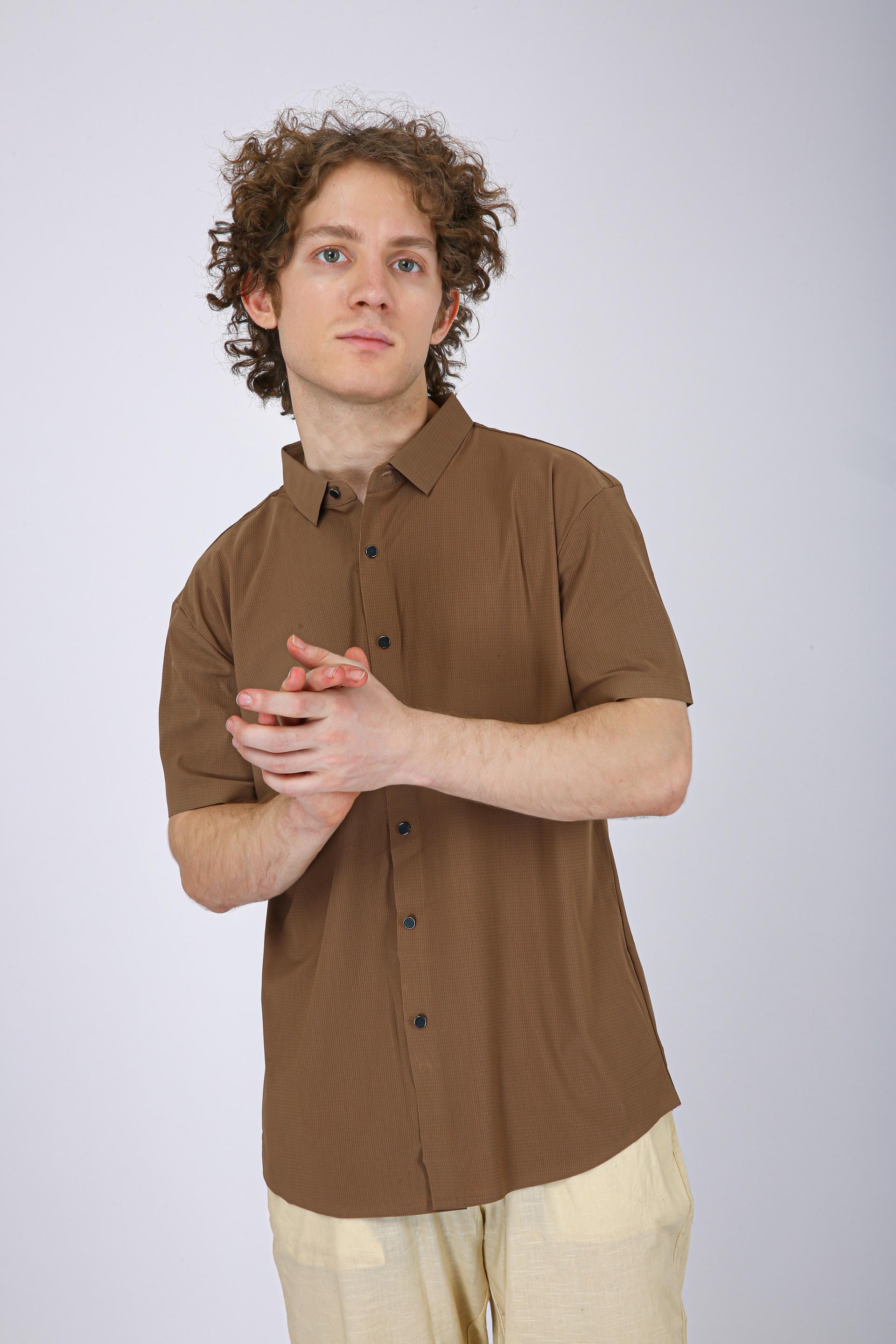 Men's Premium Solid Textured Casual Half Sleeve Shirt - Chiku