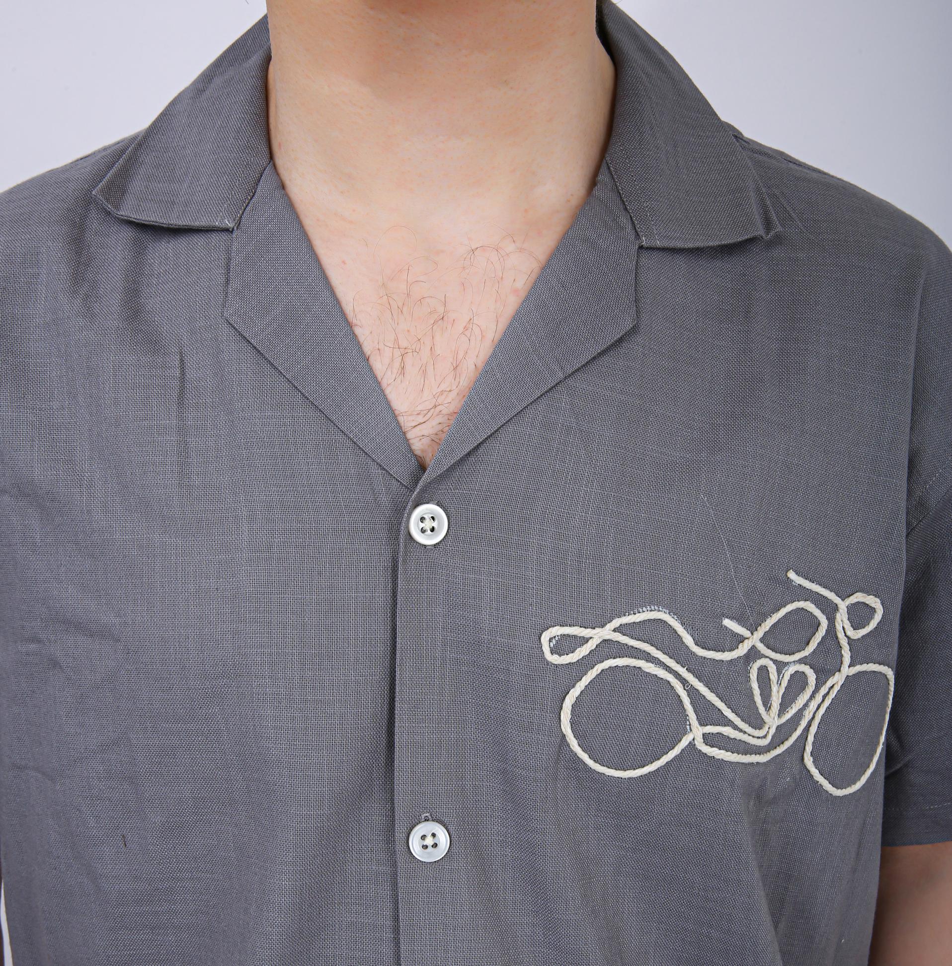 Mooniman Men's Premium Embroidered Formal Shirt -Grey - Half