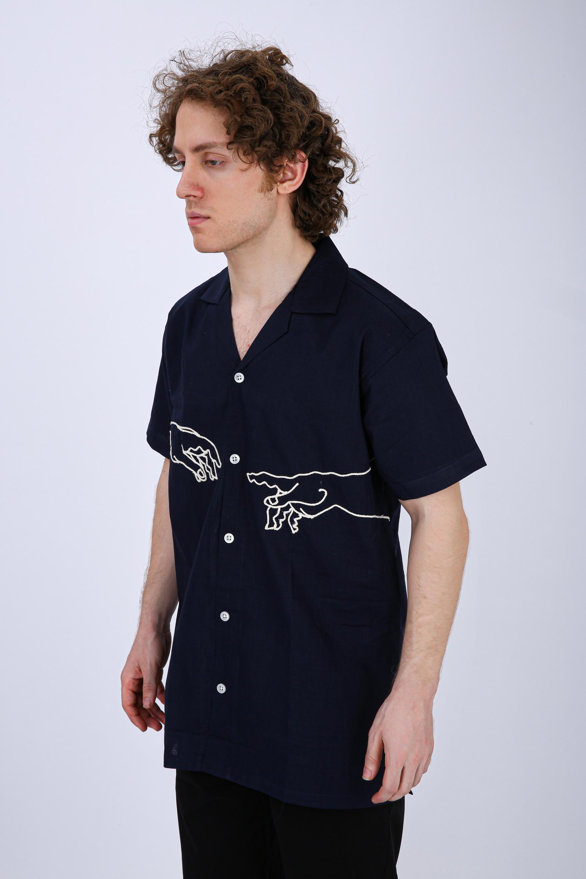 Mooniman Men's Premium Embroidered Formal Shirt - Navy Blue