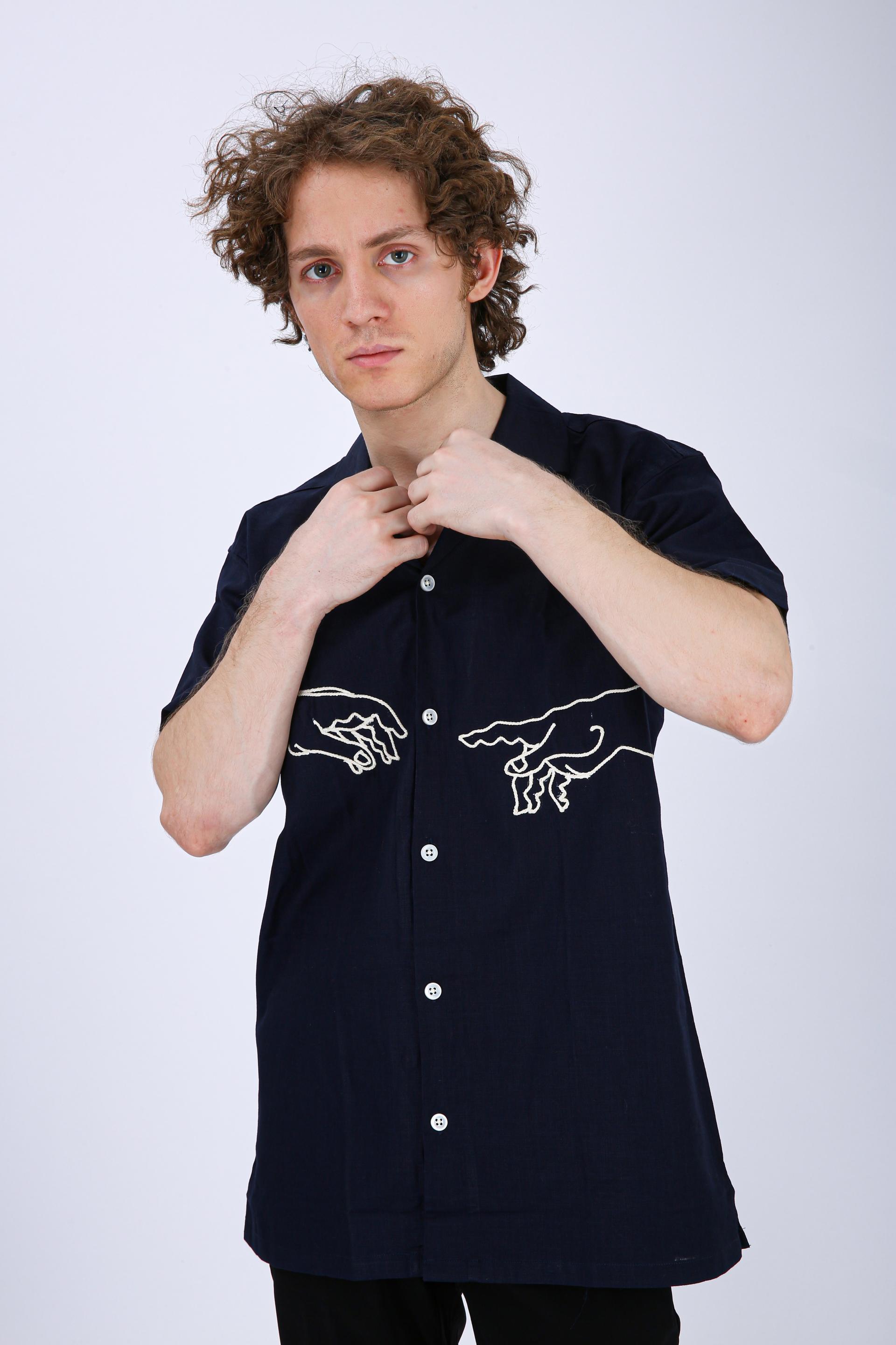 Mooniman Men's Premium Embroidered Formal Shirt - Navy Blue