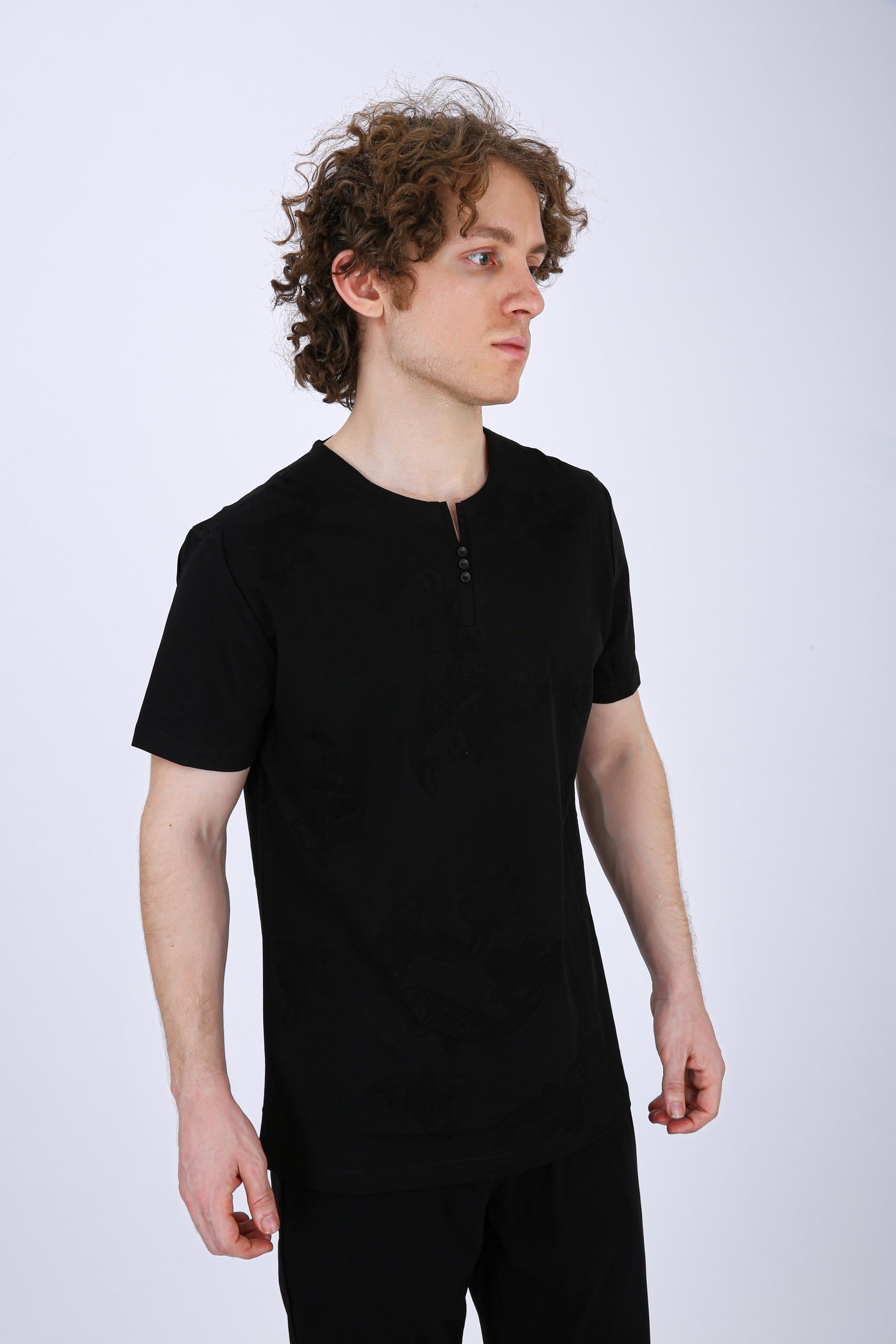 Printed Henley Neck T-Shirt - Black Fish Print