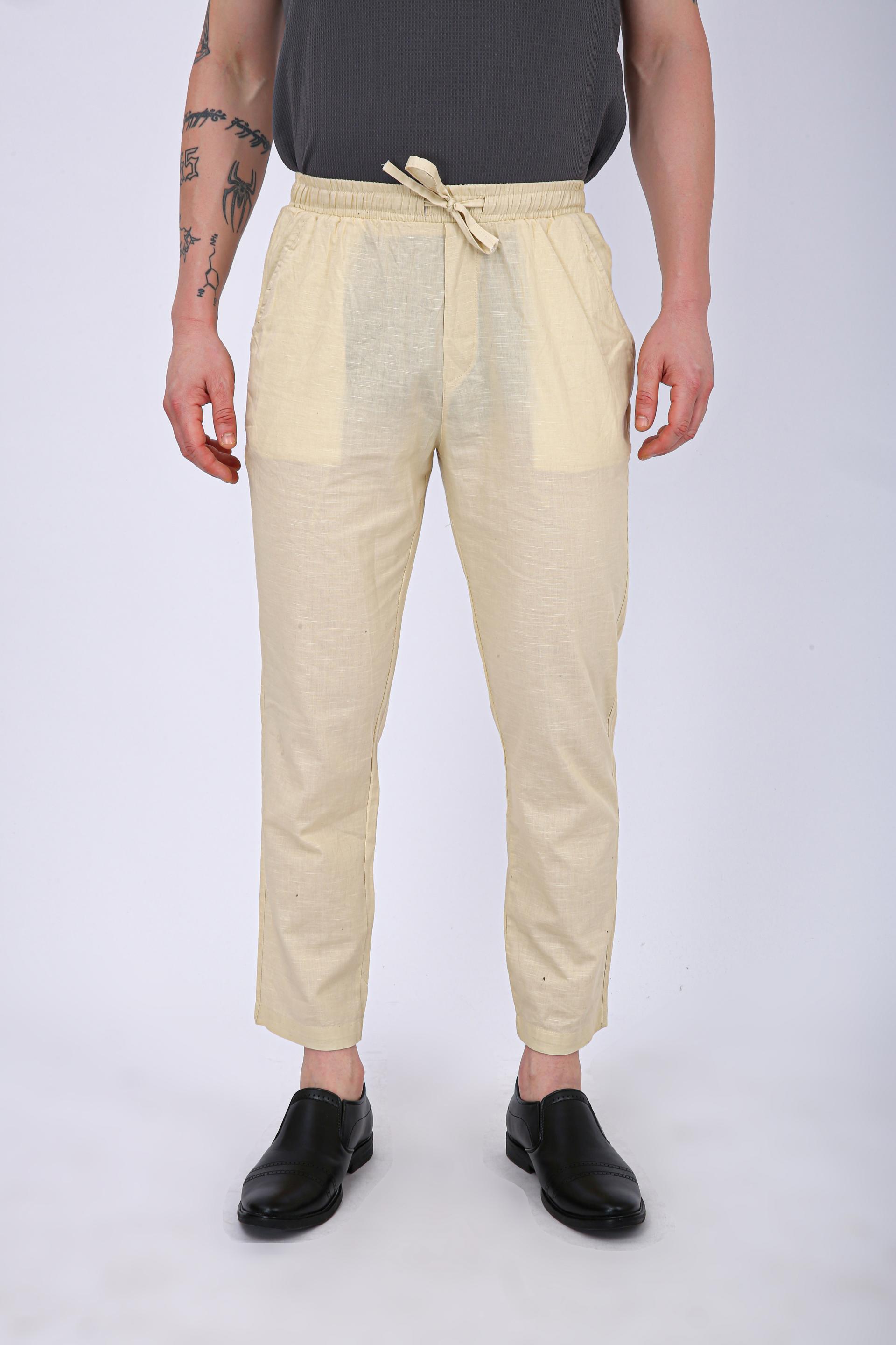 Men's Premium Olive Green Linen Blend Drawstring Trousers -Cream