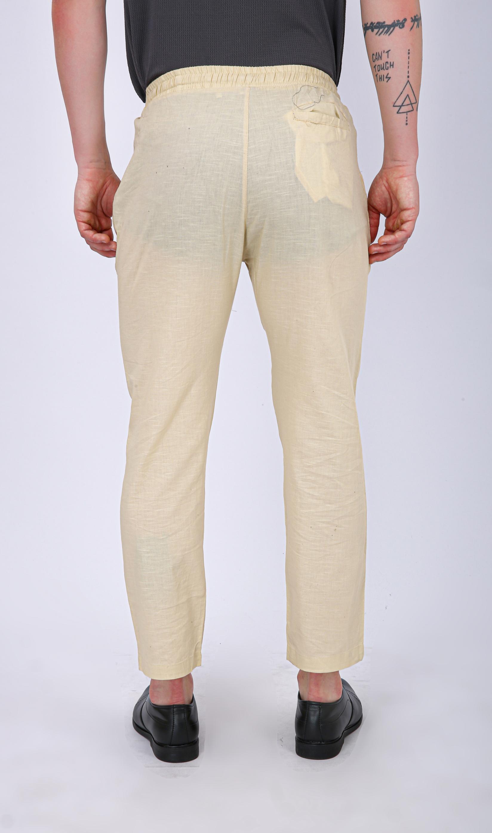 Men's Premium Olive Green Linen Blend Drawstring Trousers -Cream