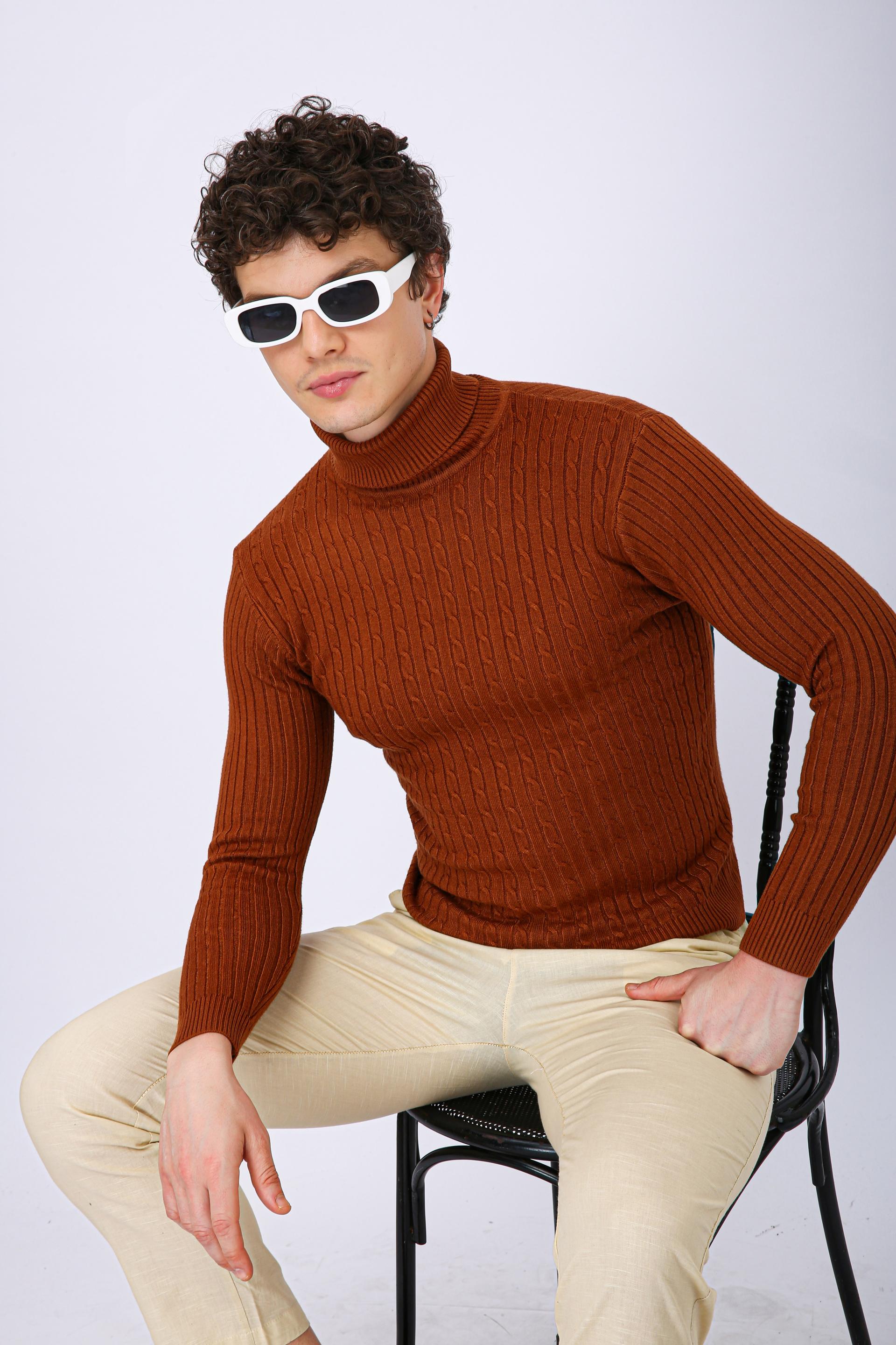 Men's Premium Diamond Knit Turtleneck Sweater - Orange Wave Line