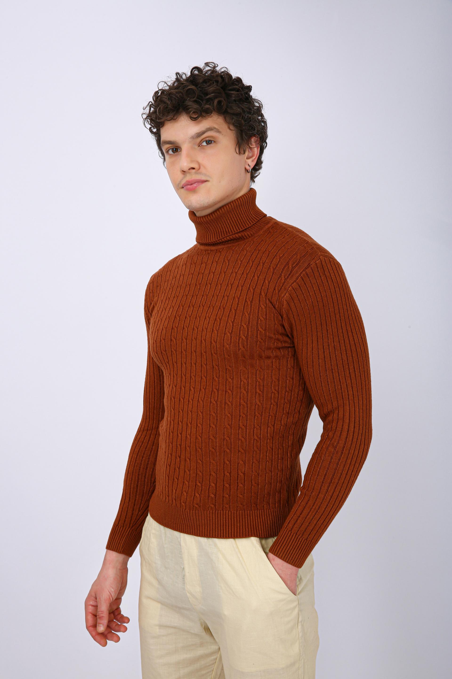 Men's Premium Diamond Knit Turtleneck Sweater - Orange Wave Line