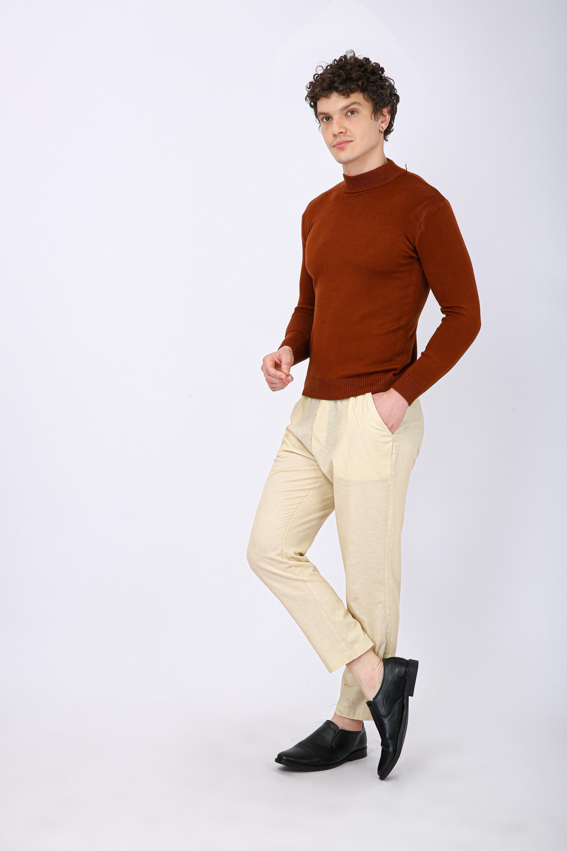 Men's Premium Diamond Knit Turtleneck Sweater - Orange Plain