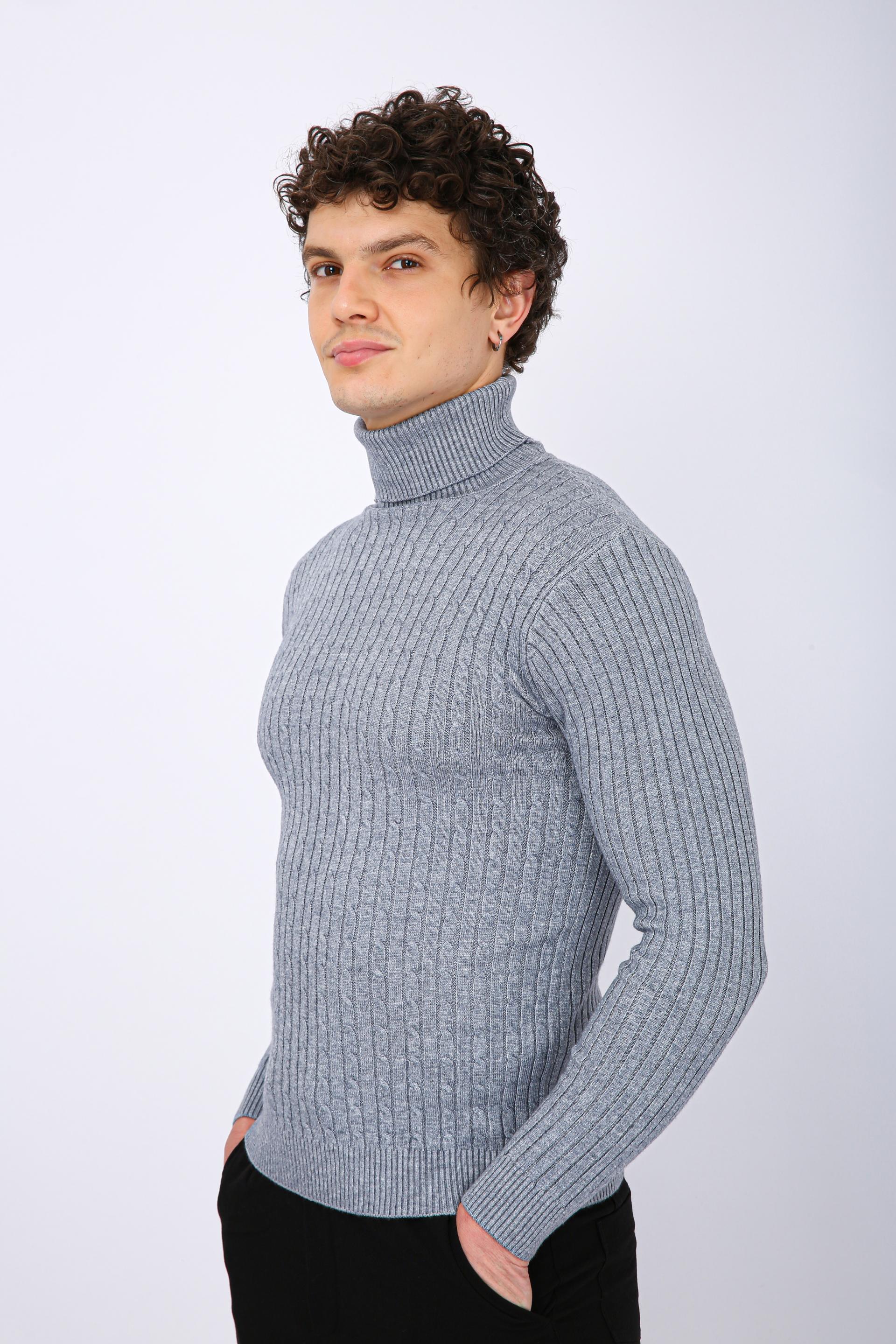 Men's Premium Diamond Knit Turtleneck Sweater - Grey Wave Line