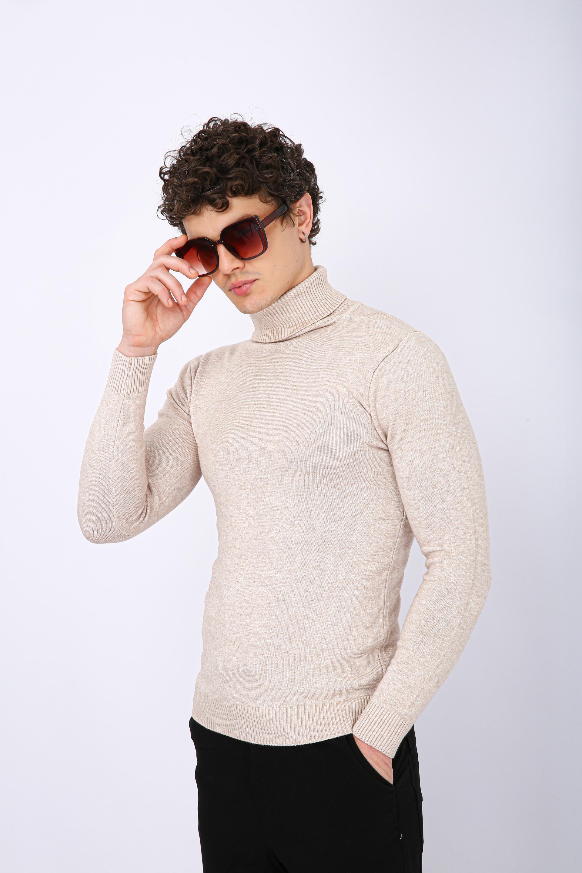 Men's Premium Diamond Knit Turtleneck Sweater - Cream Long