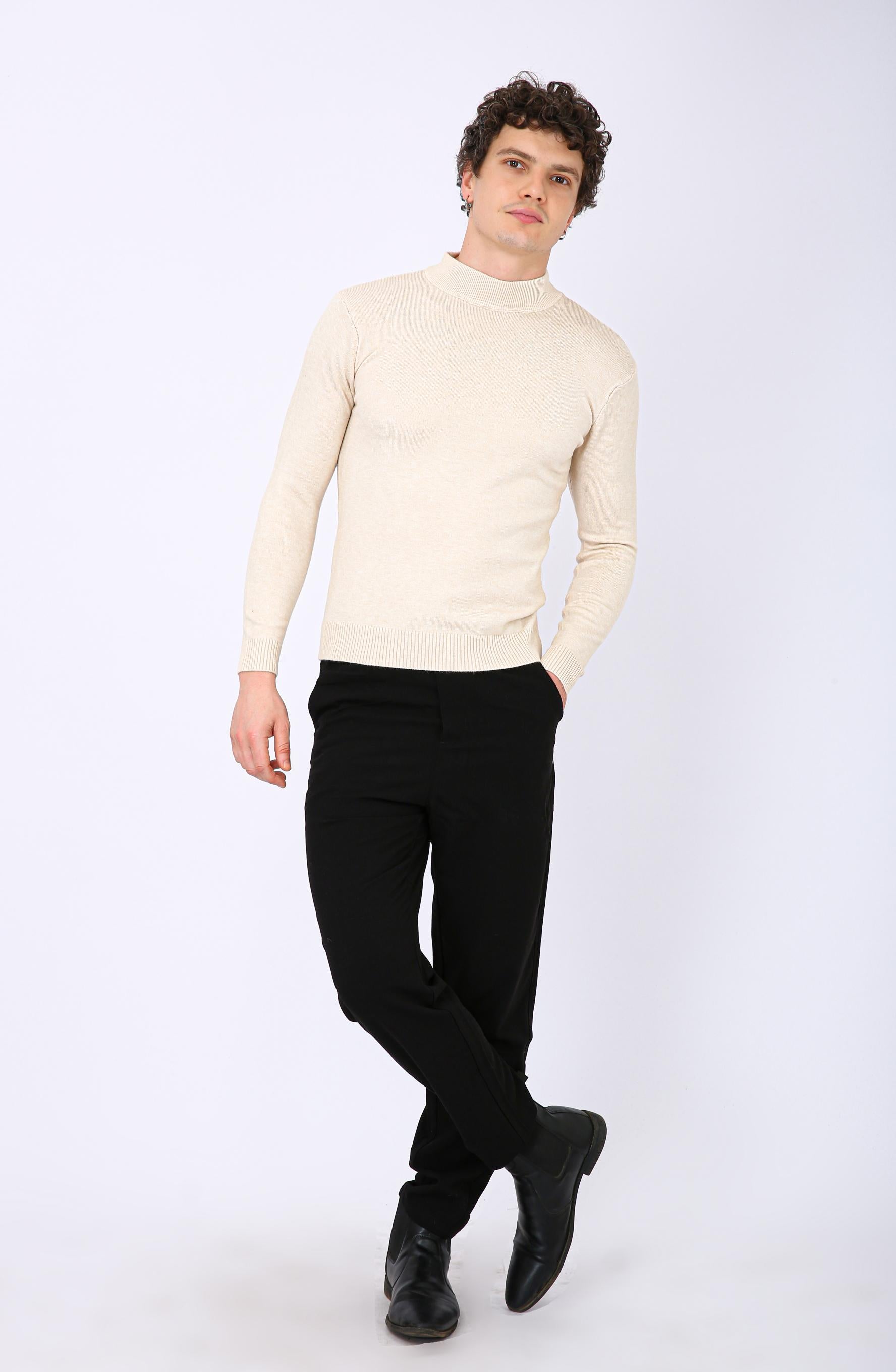 Men's Premium Diamond Knit Turtleneck Sweater - Cream Plain Short Neck