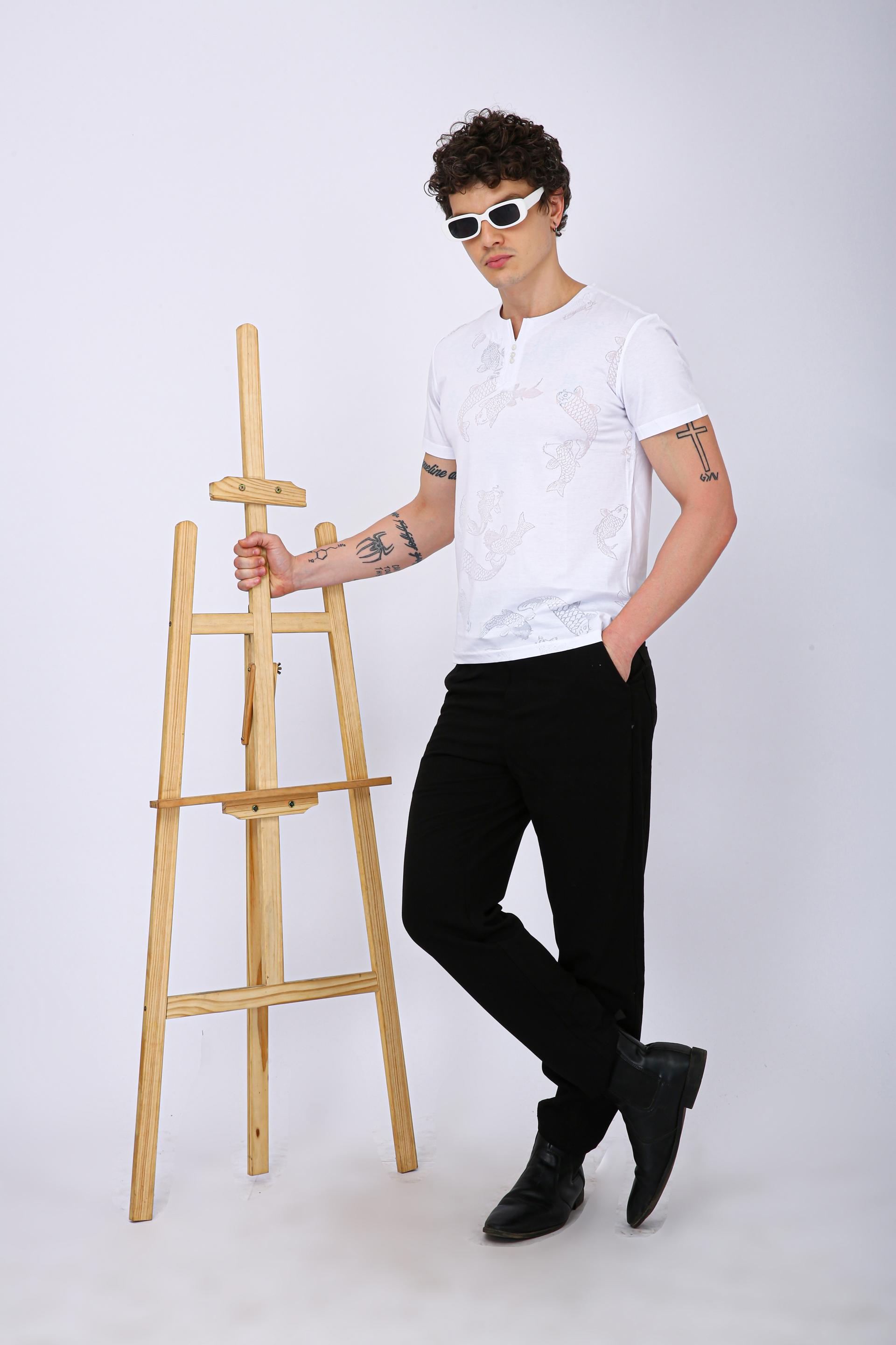 Printed Henley Neck T-Shirt - White Fish Print
