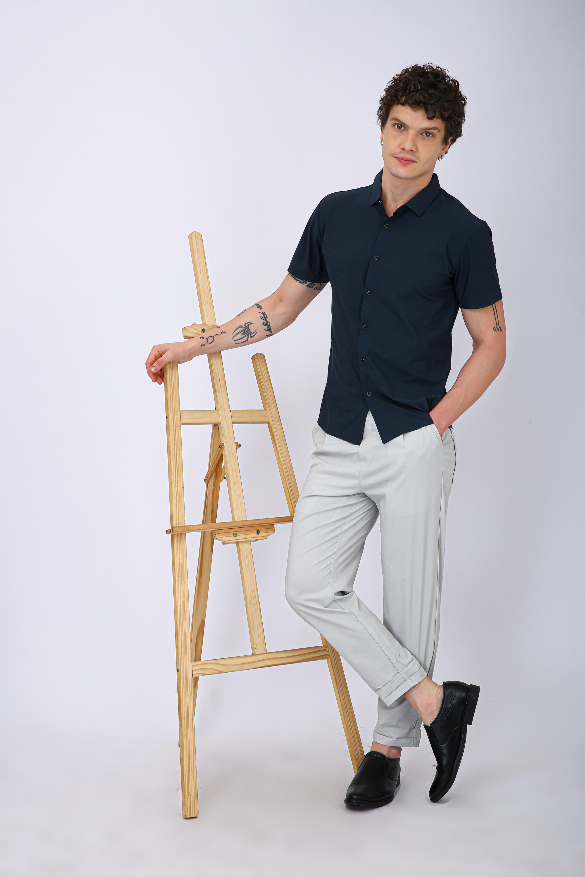 Men's Premium Solid Textured Casual Half Sleeve Shirt - Steel Blue