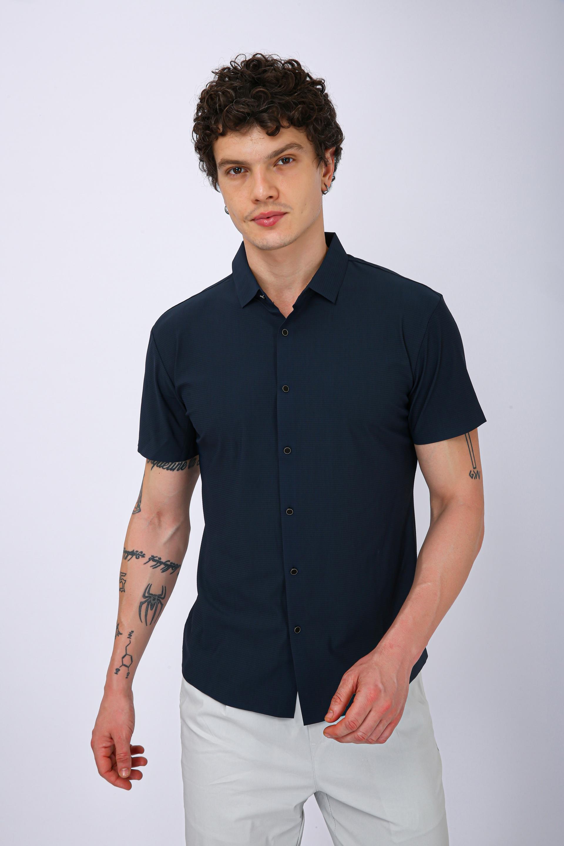 Men's Premium Solid Textured Casual Half Sleeve Shirt - Steel Blue