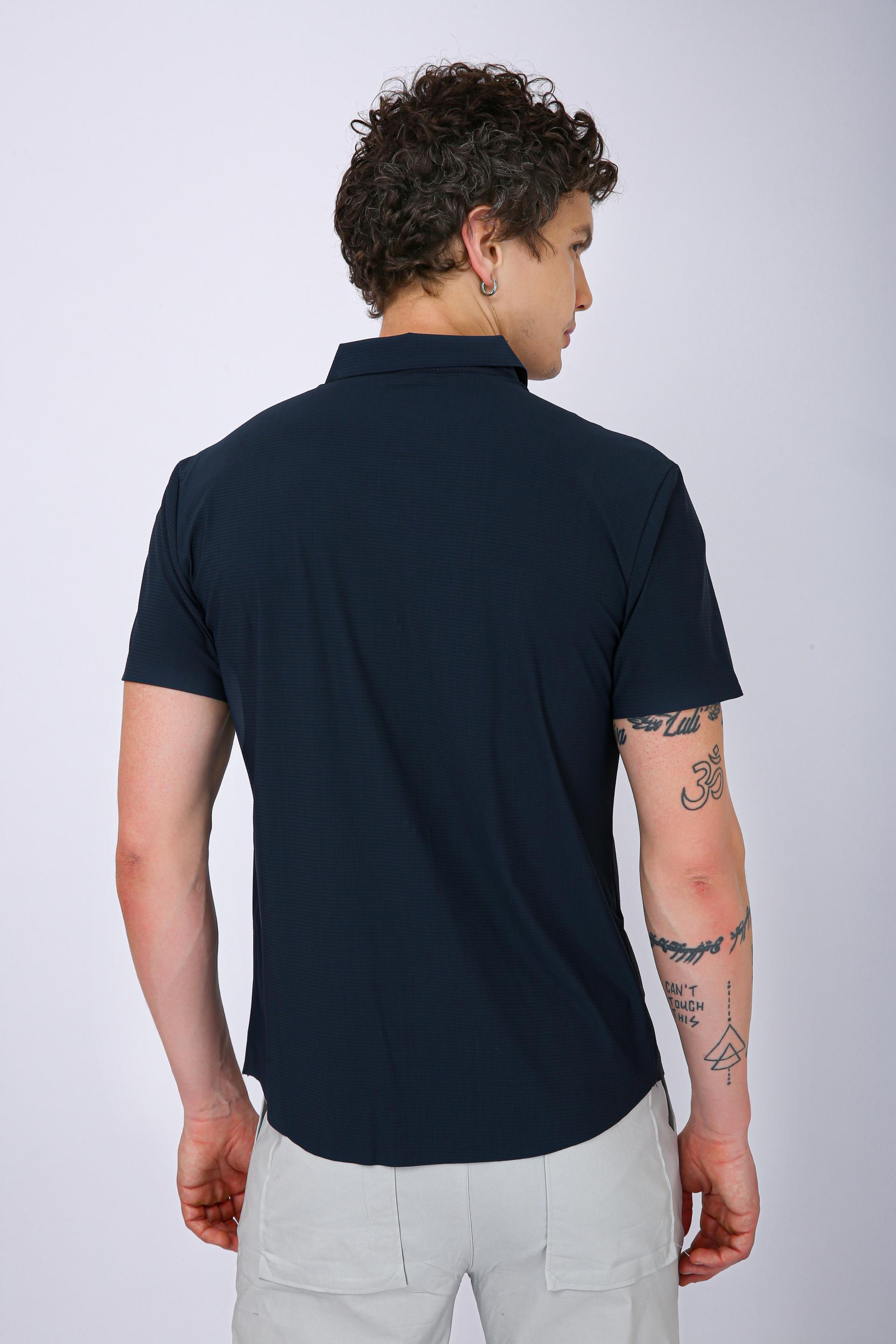Men's Premium Solid Textured Casual Half Sleeve Shirt - Steel Blue