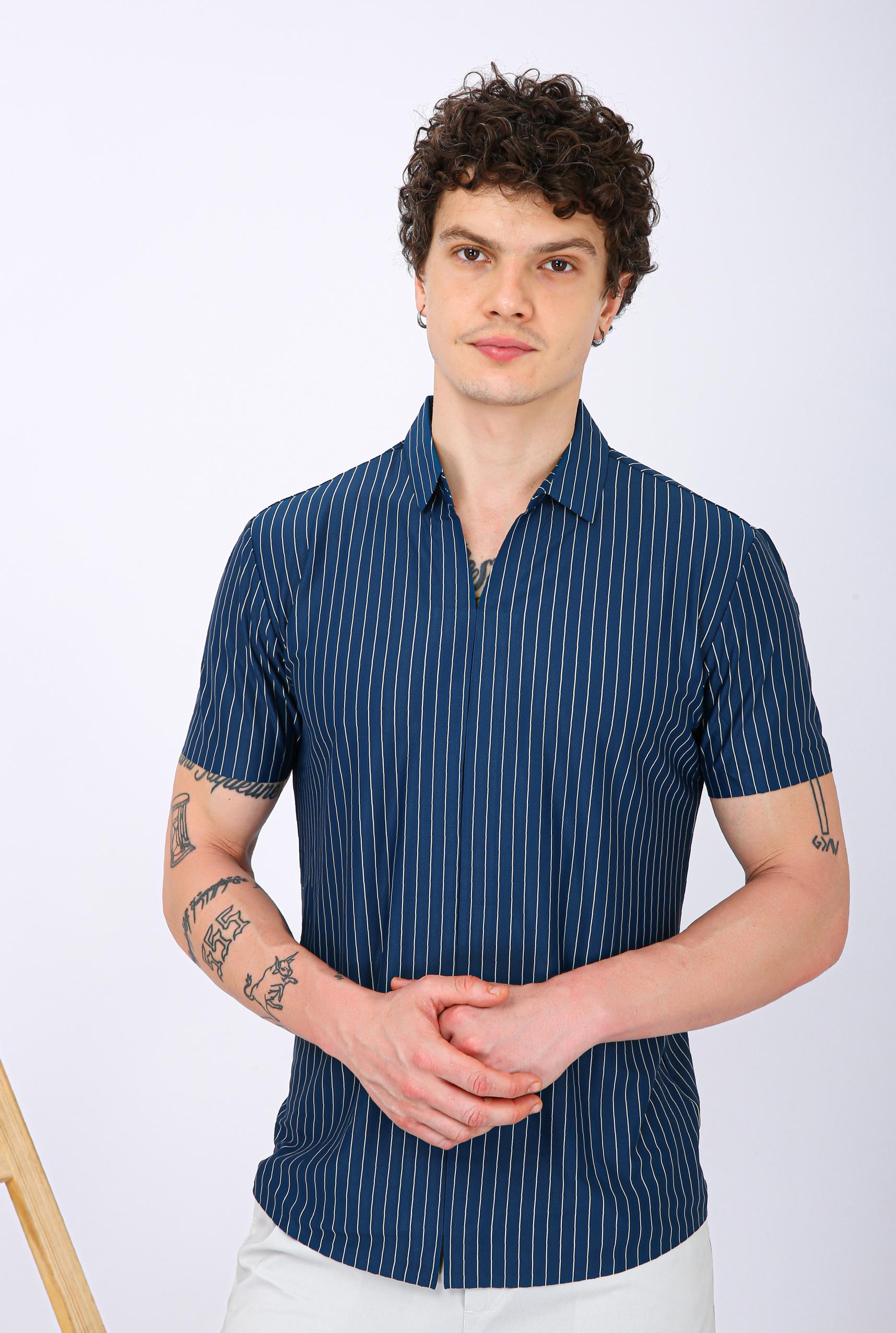 Men's Premium Vertical Striped Resort Shirt - Navy
