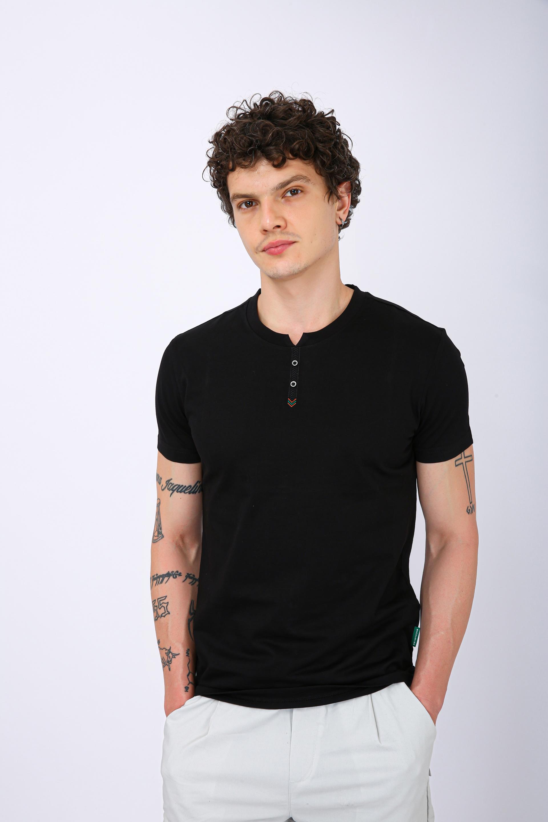 Men's Premium Henley Crew Neck T-Shirt - Black
