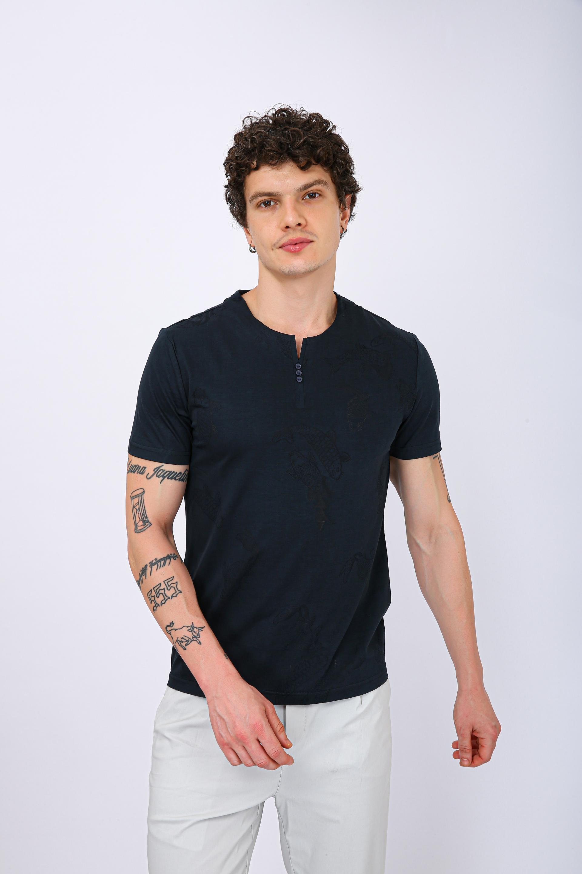 Printed Henley Neck T-Shirt - Morpich Fish Print