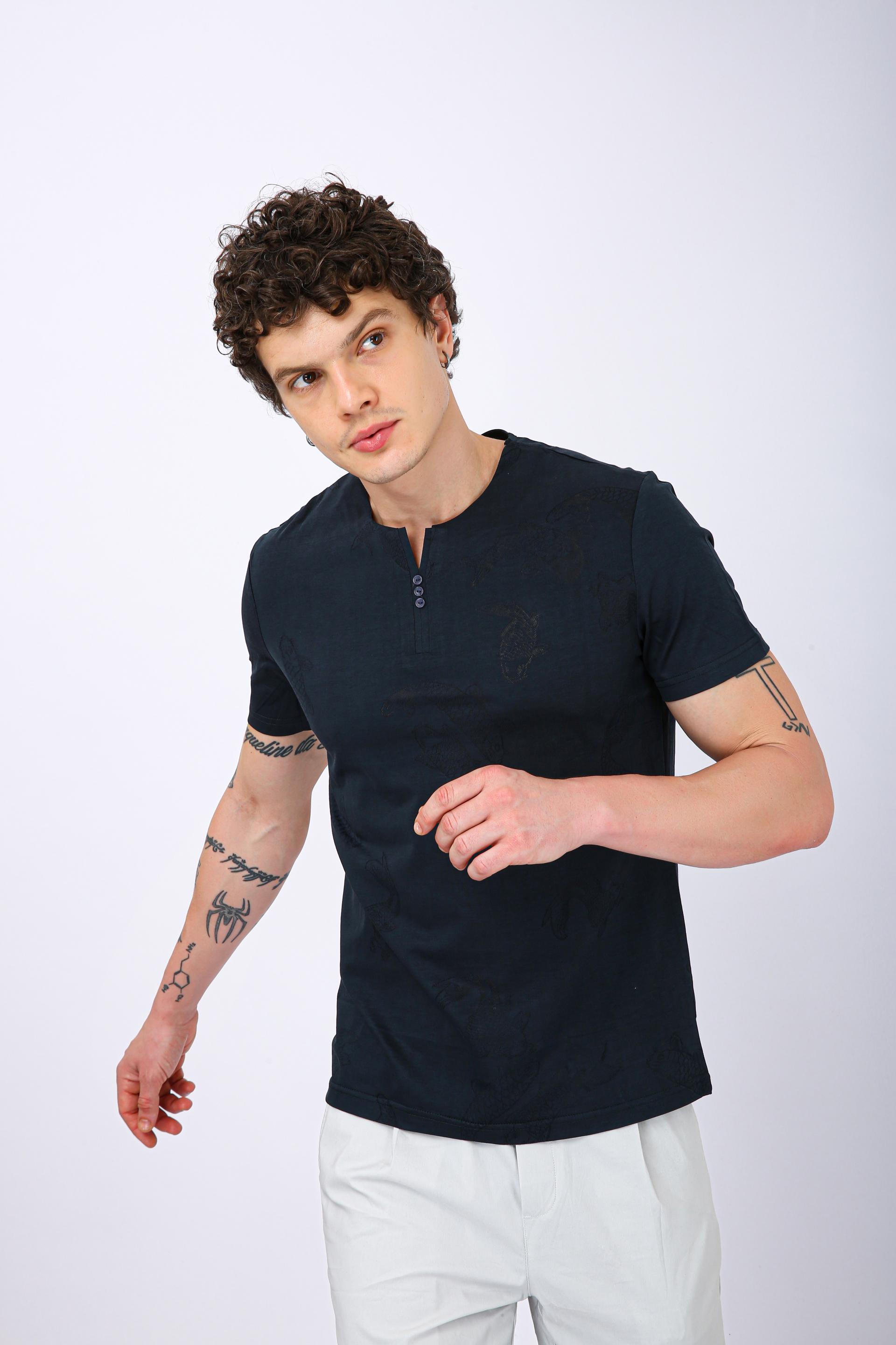 Printed Henley Neck T-Shirt - Morpich Fish Print