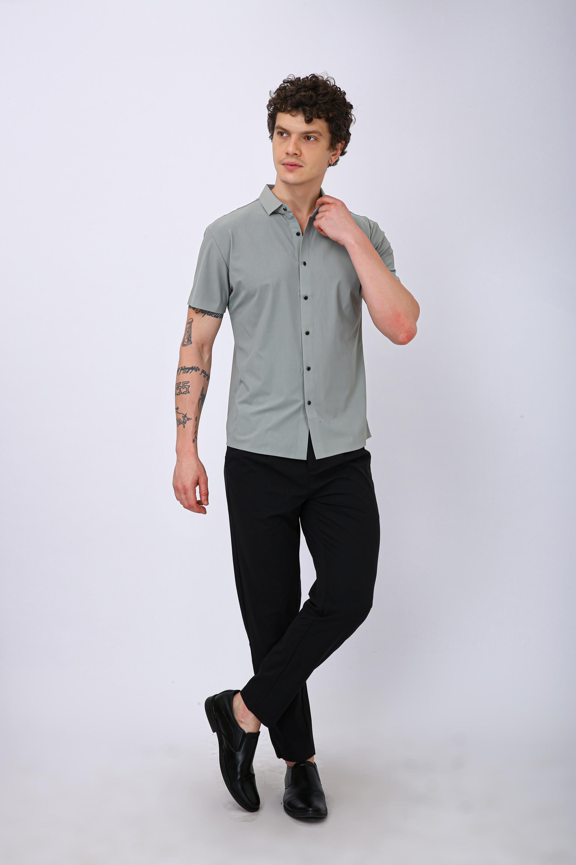 Men's Premium Solid Textured Casual Half Sleeve Shirt - Light Blue