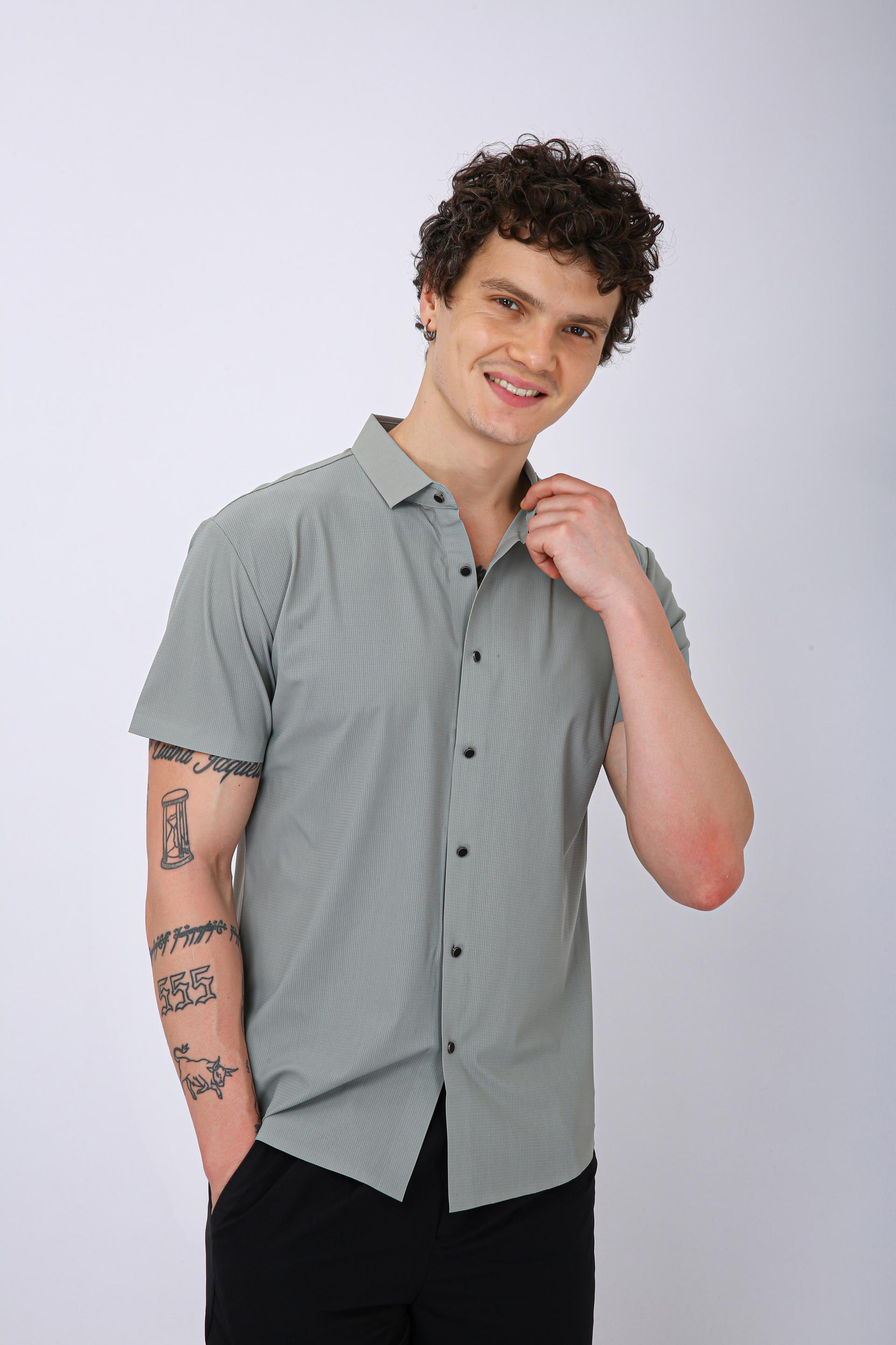 Men's Premium Solid Textured Casual Half Sleeve Shirt - Light Blue