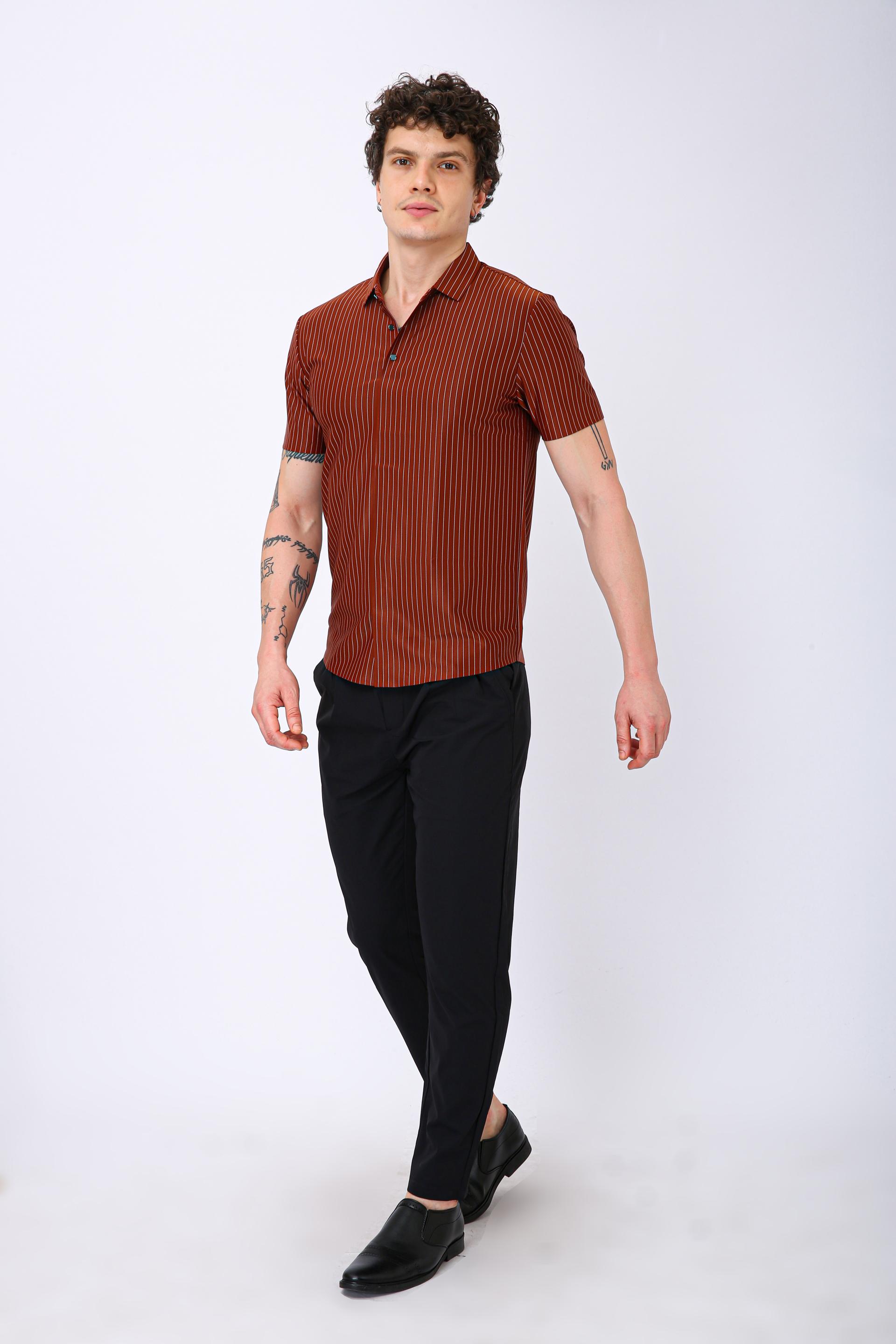 Premium Pinstripe Polo T-Shirt - Brown