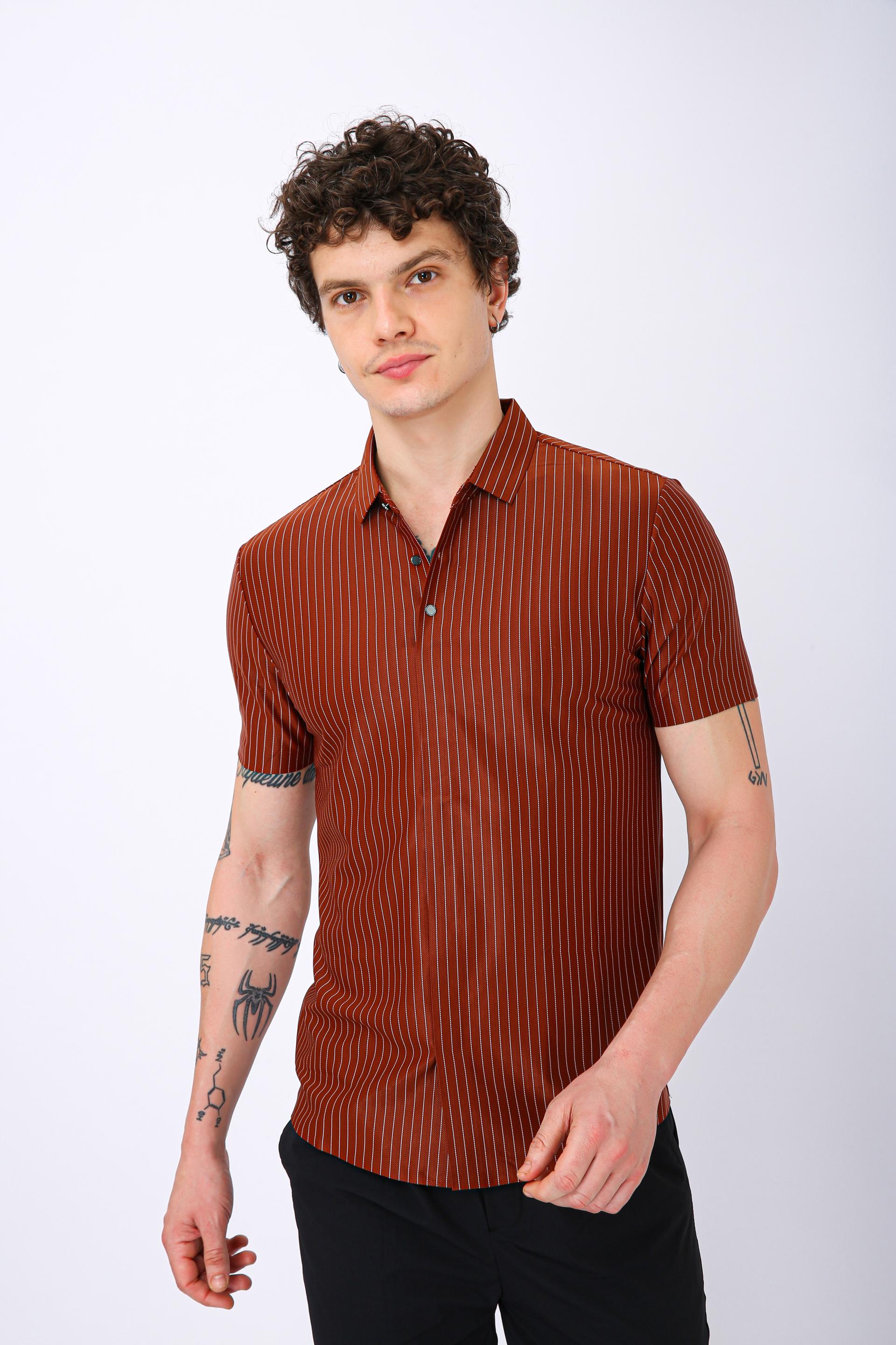 Premium Pinstripe Polo T-Shirt - Brown