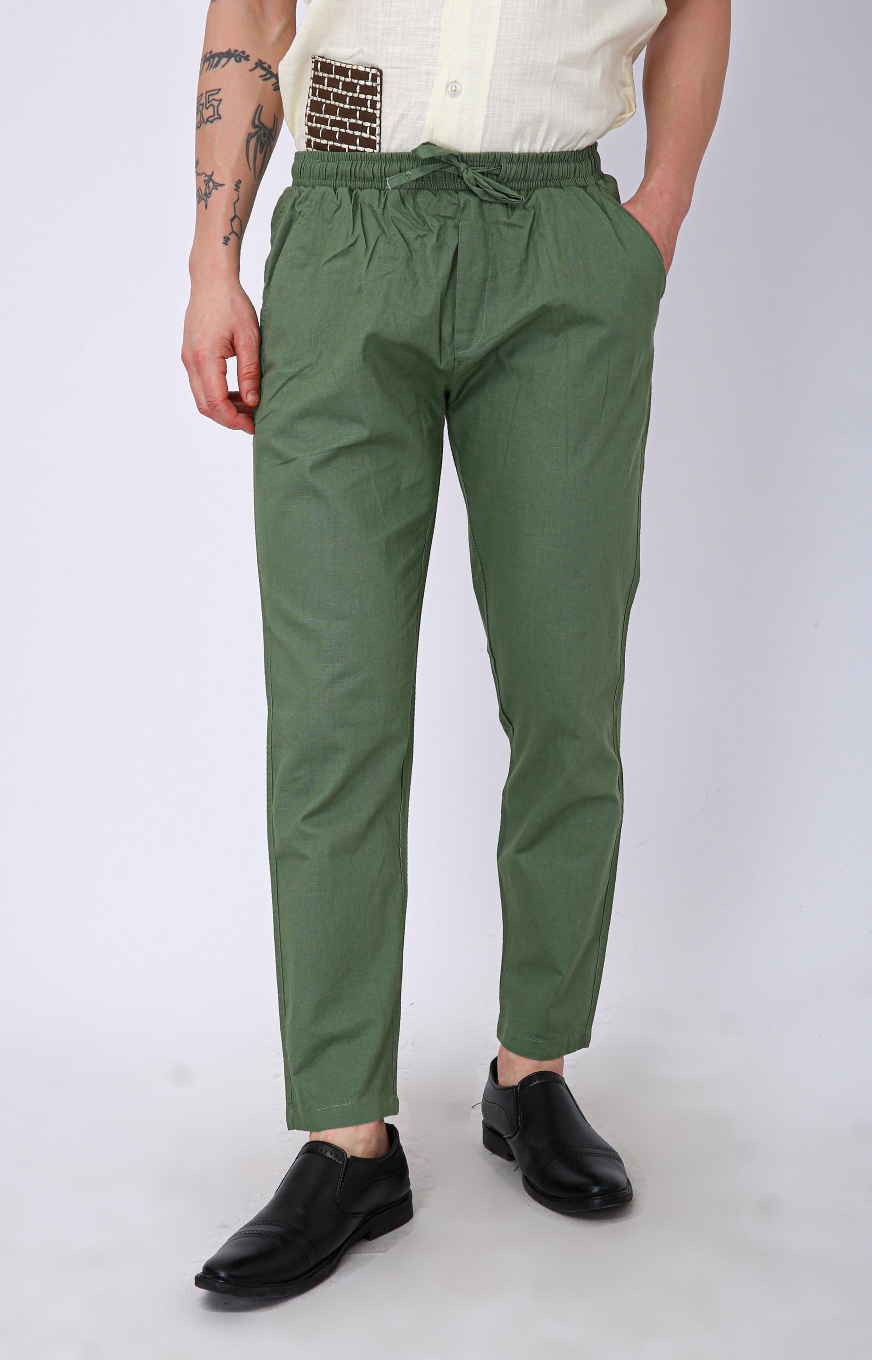 Men's Premium Olive Green Linen Blend Drawstring Trousers - Green