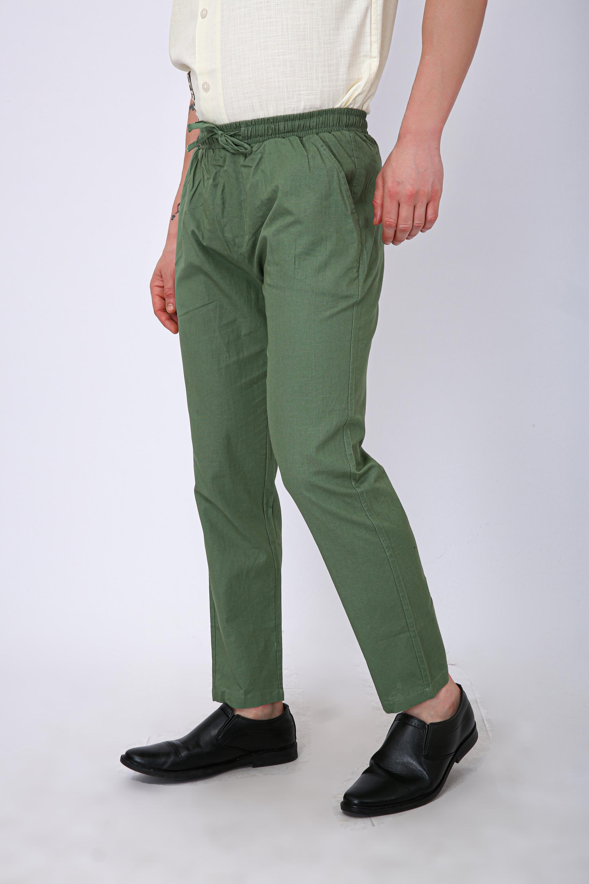 Men's Premium Olive Green Linen Blend Drawstring Trousers - Green