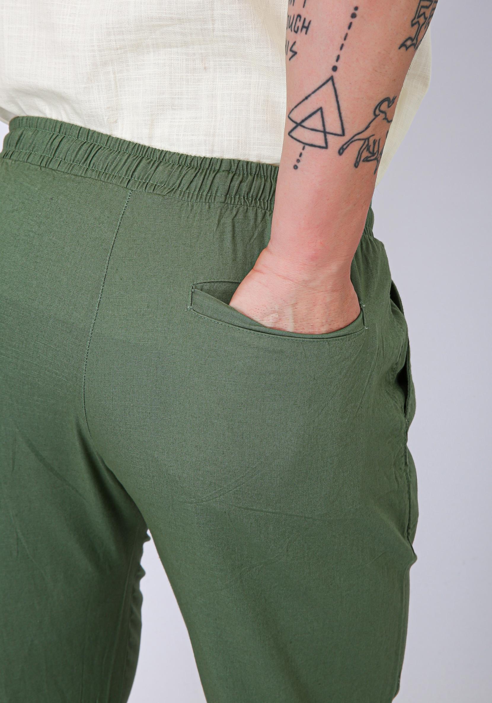 Men's Premium Olive Green Linen Blend Drawstring Trousers - Green