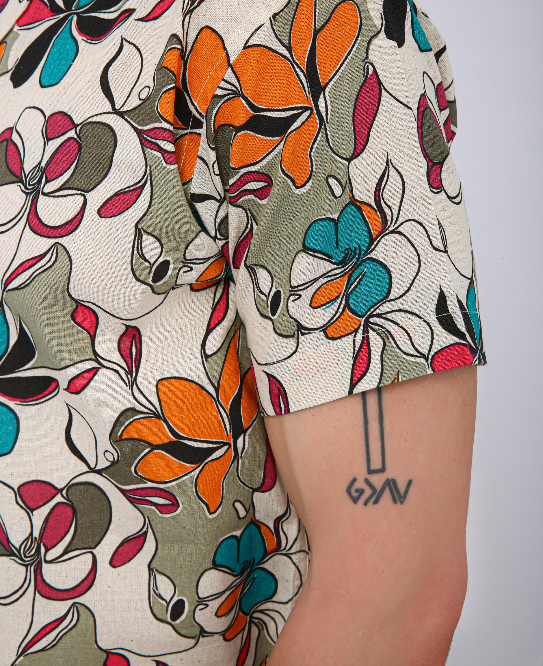 Premium Cuban Collar Patch Pocket Shirt - Orange Flower