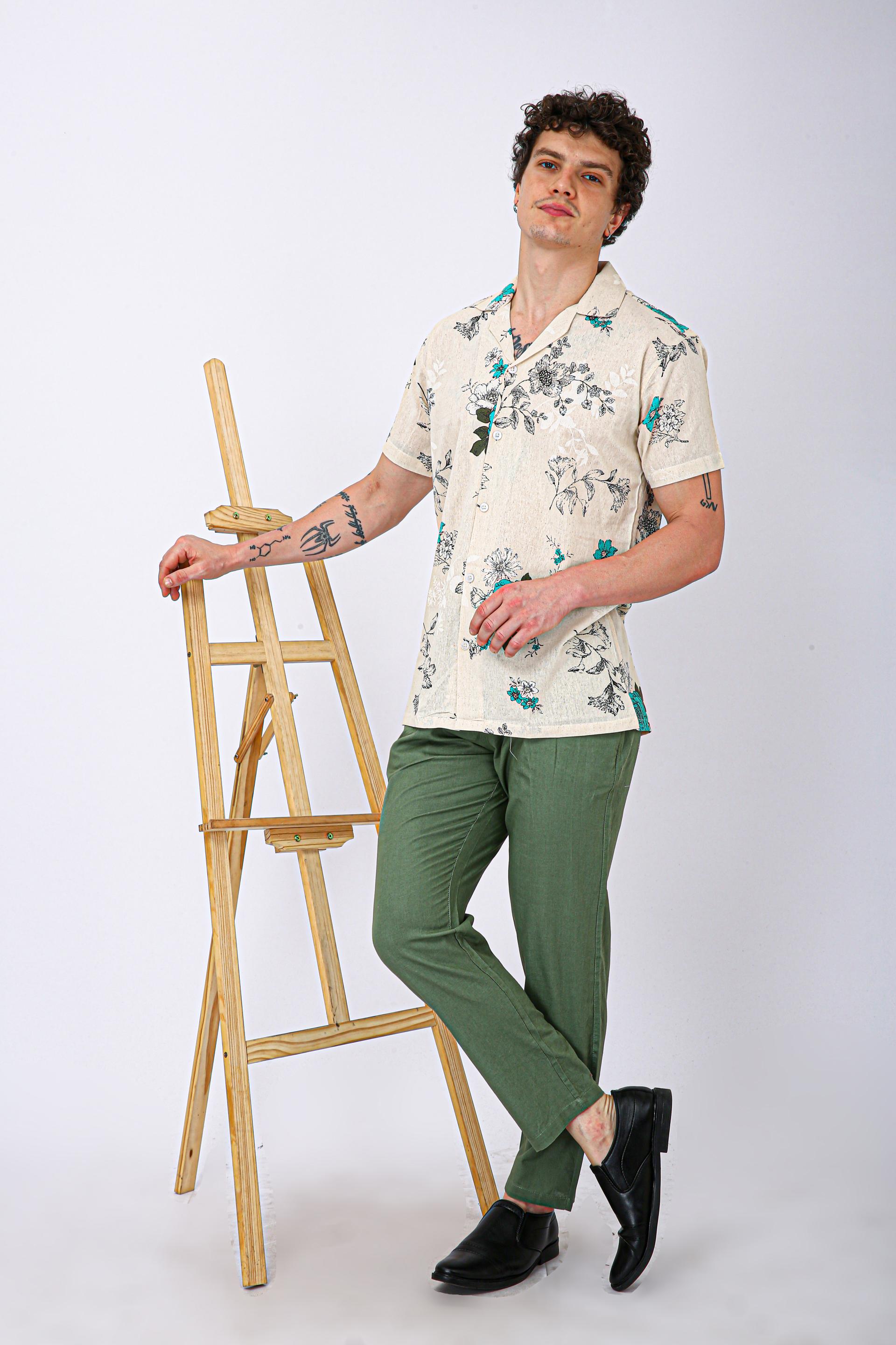 Premium Cuban Collar Patch Pocket Shirt - Plain Cream & Green Flower