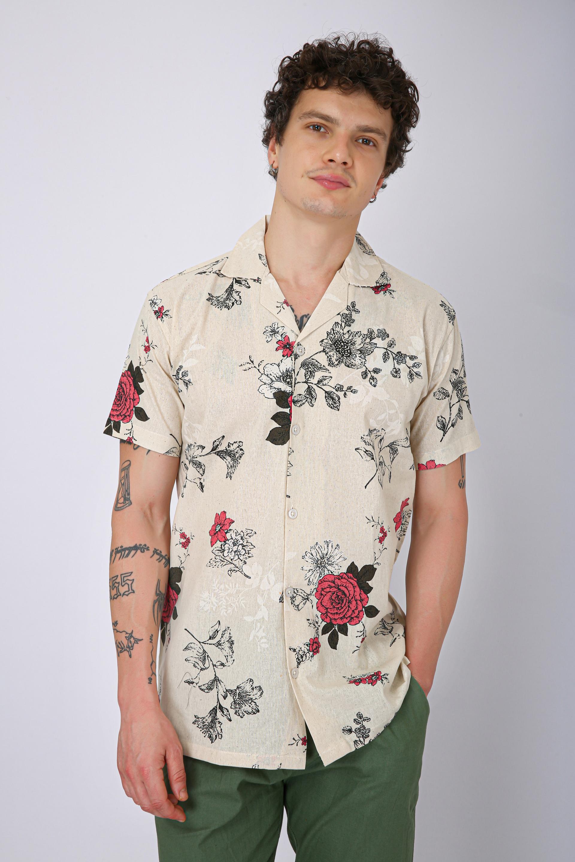 Premium Cuban Collar Patch Pocket Shirt - Plain Cream & Pink Flower