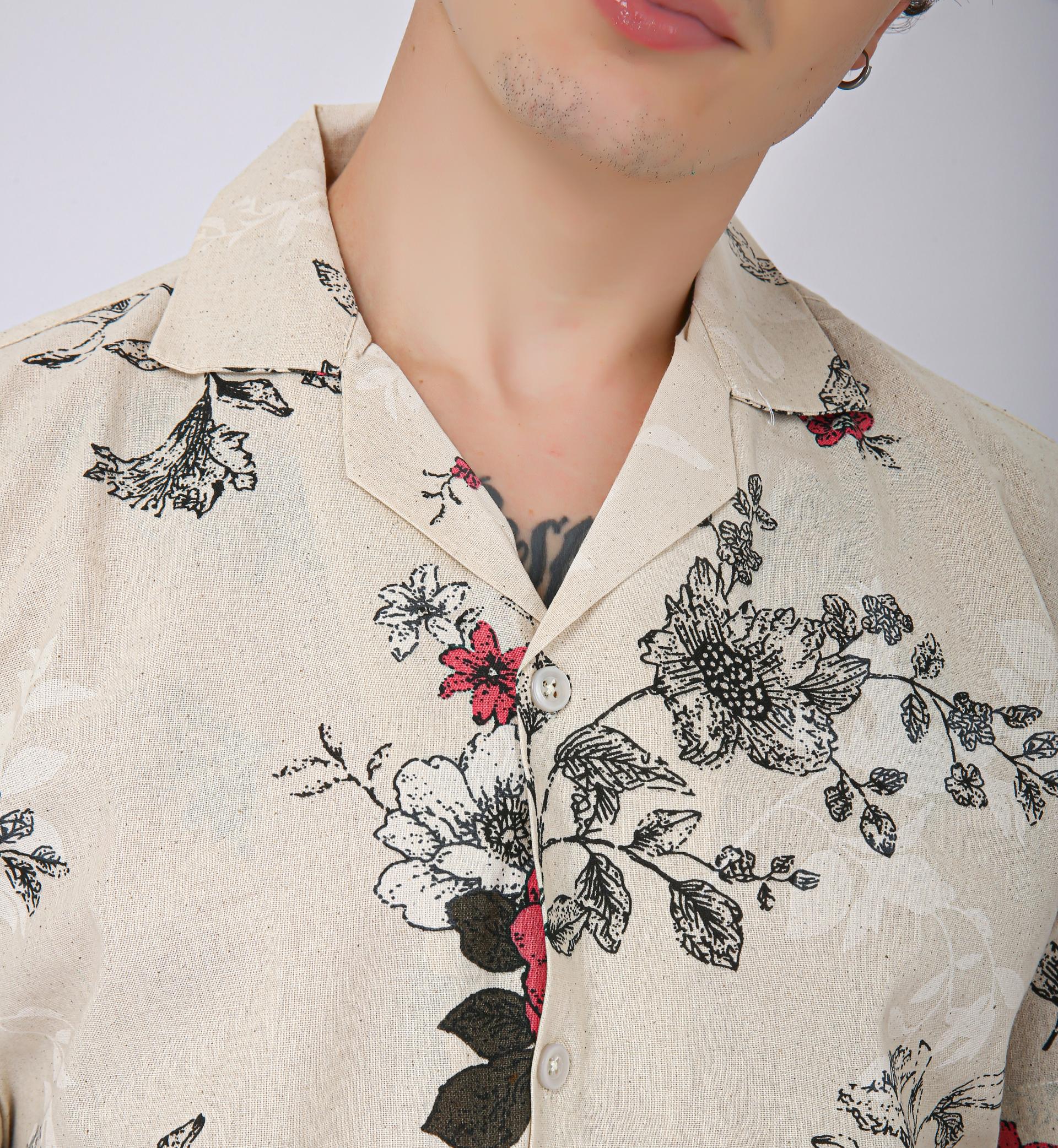 Premium Cuban Collar Patch Pocket Shirt - Plain Cream & Pink Flower