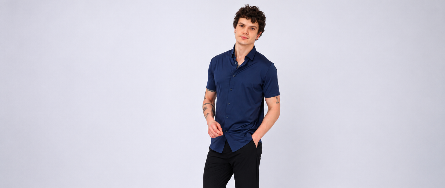 Modern Elegance with a Navy Short-Sleeve Shirt