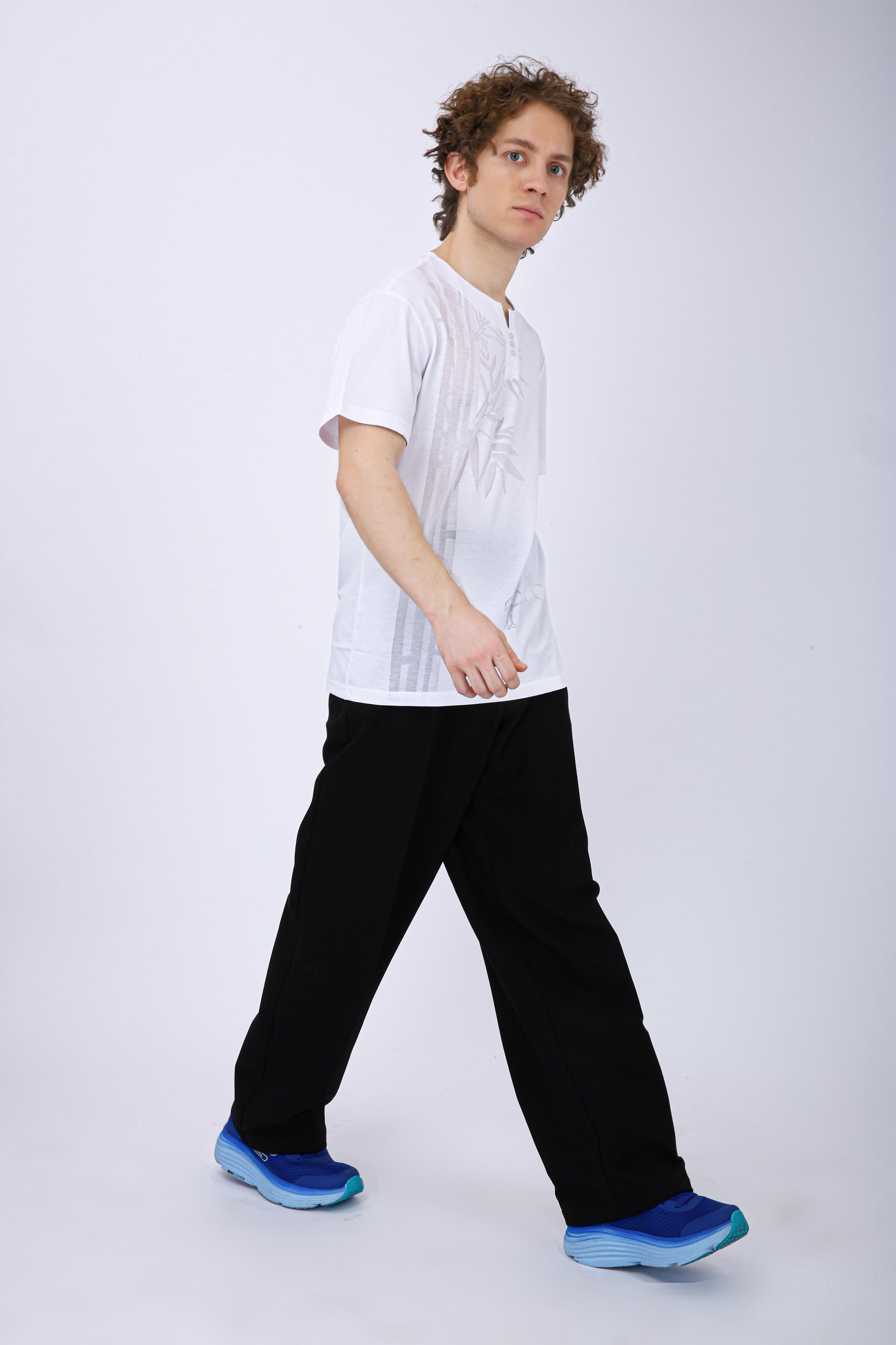 Printed Henley Neck T-Shirt - White Leaf