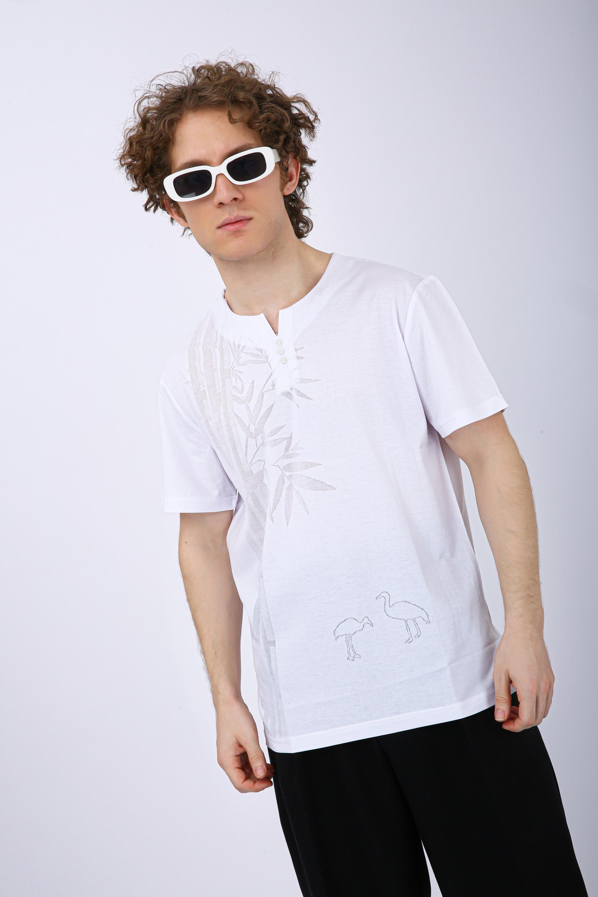 Printed Henley Neck T-Shirt - White Leaf