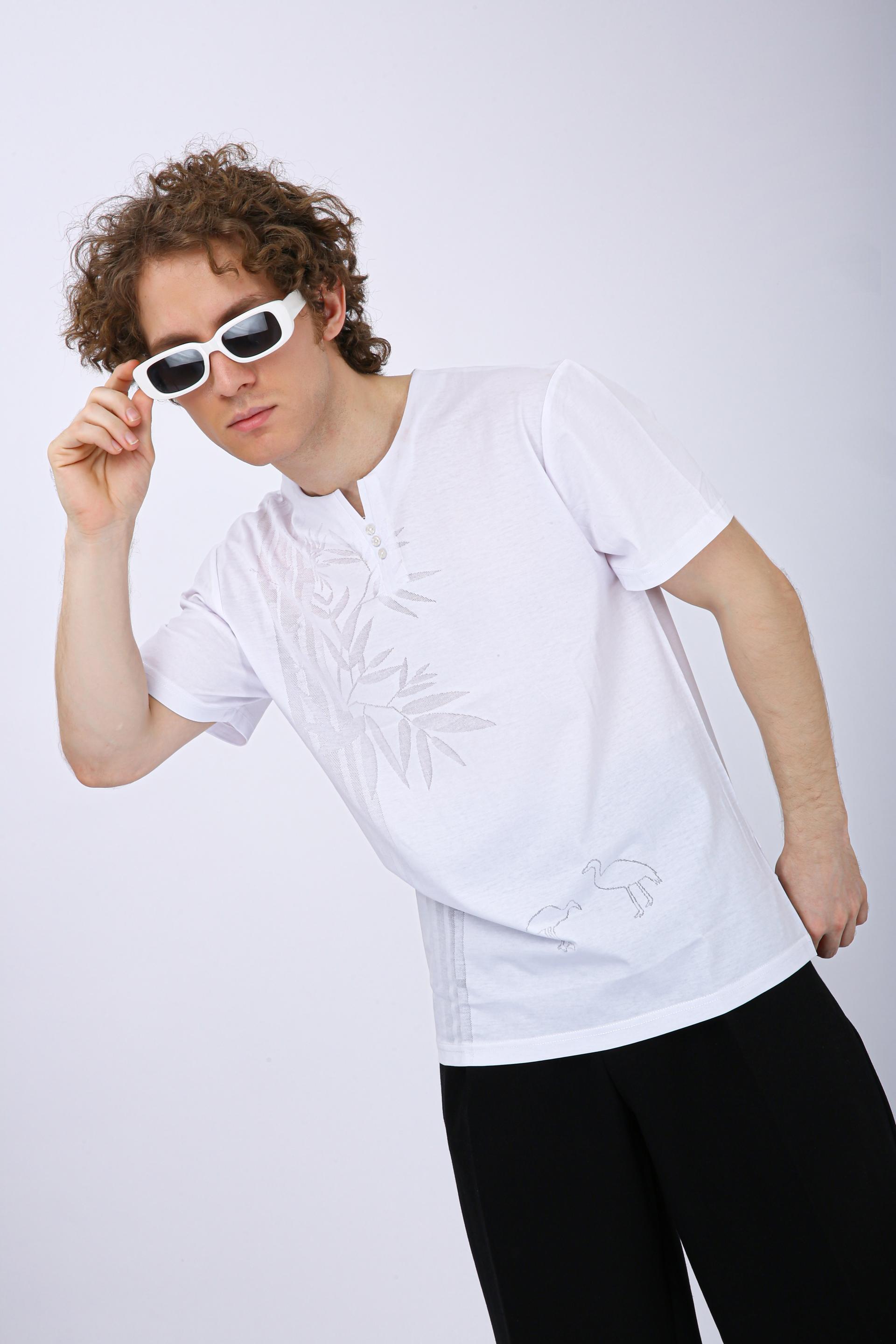 Printed Henley Neck T-Shirt - White Leaf