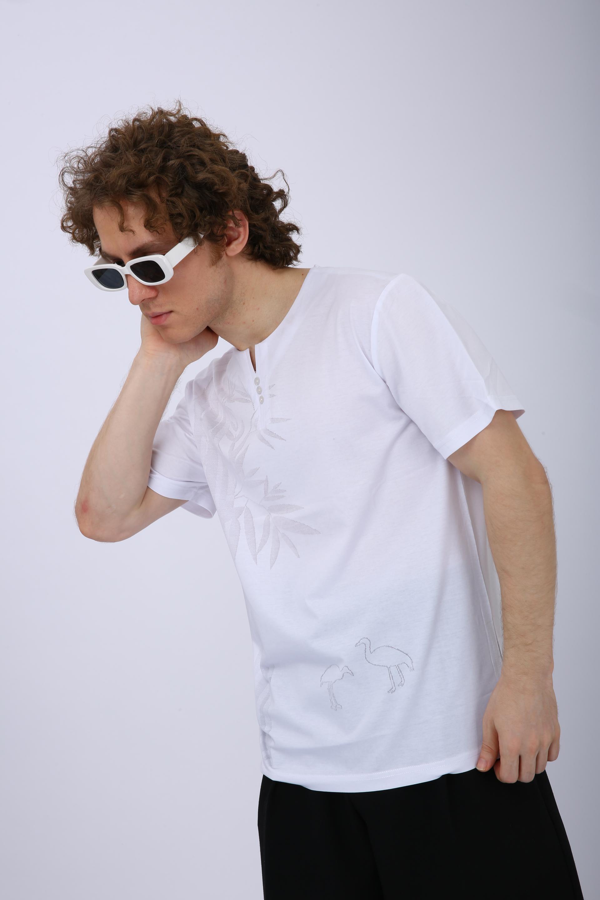 Printed Henley Neck T-Shirt - White Leaf