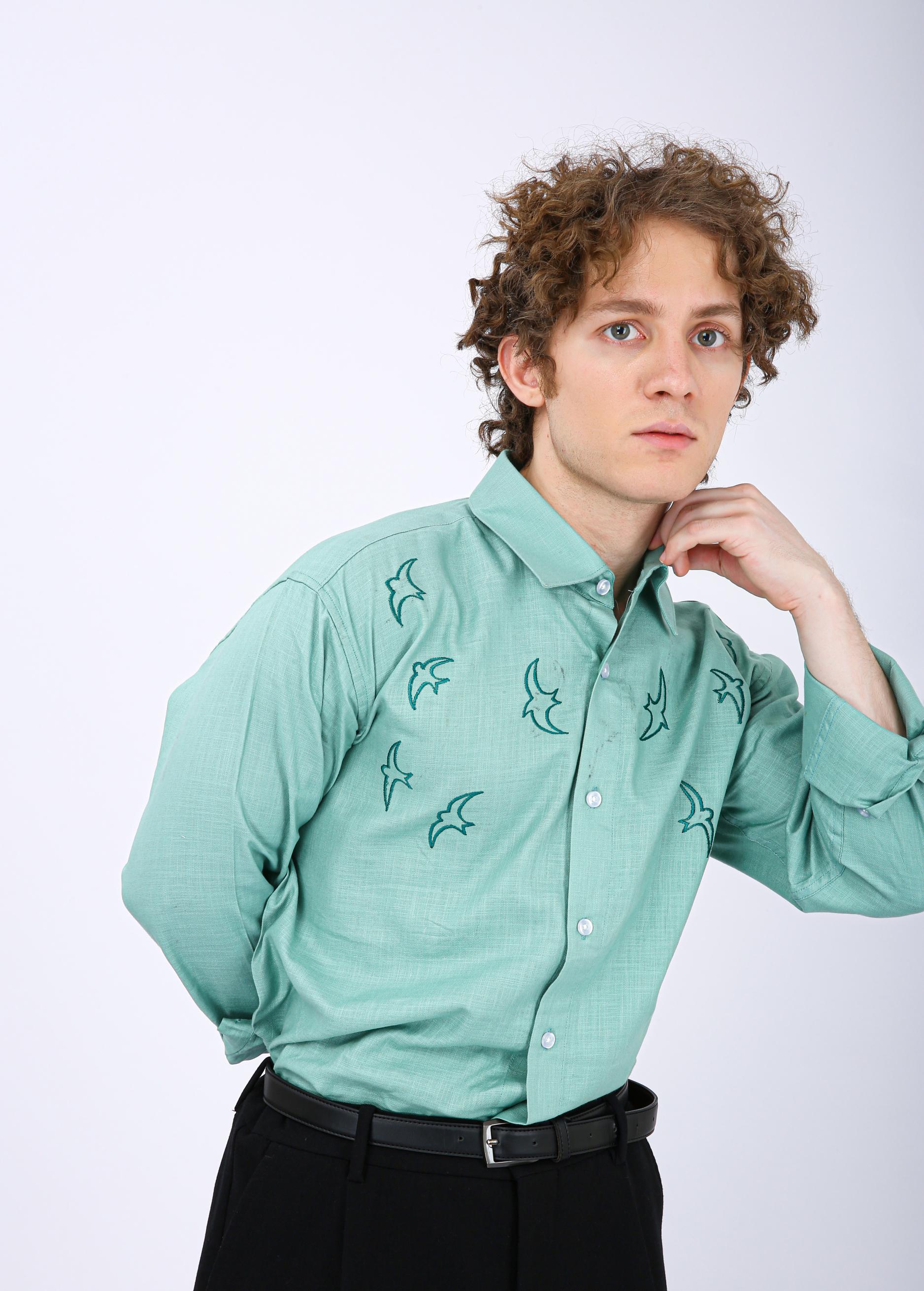 Mooniman Men's Premium Embroidered Formal Shirt - Pastel Green