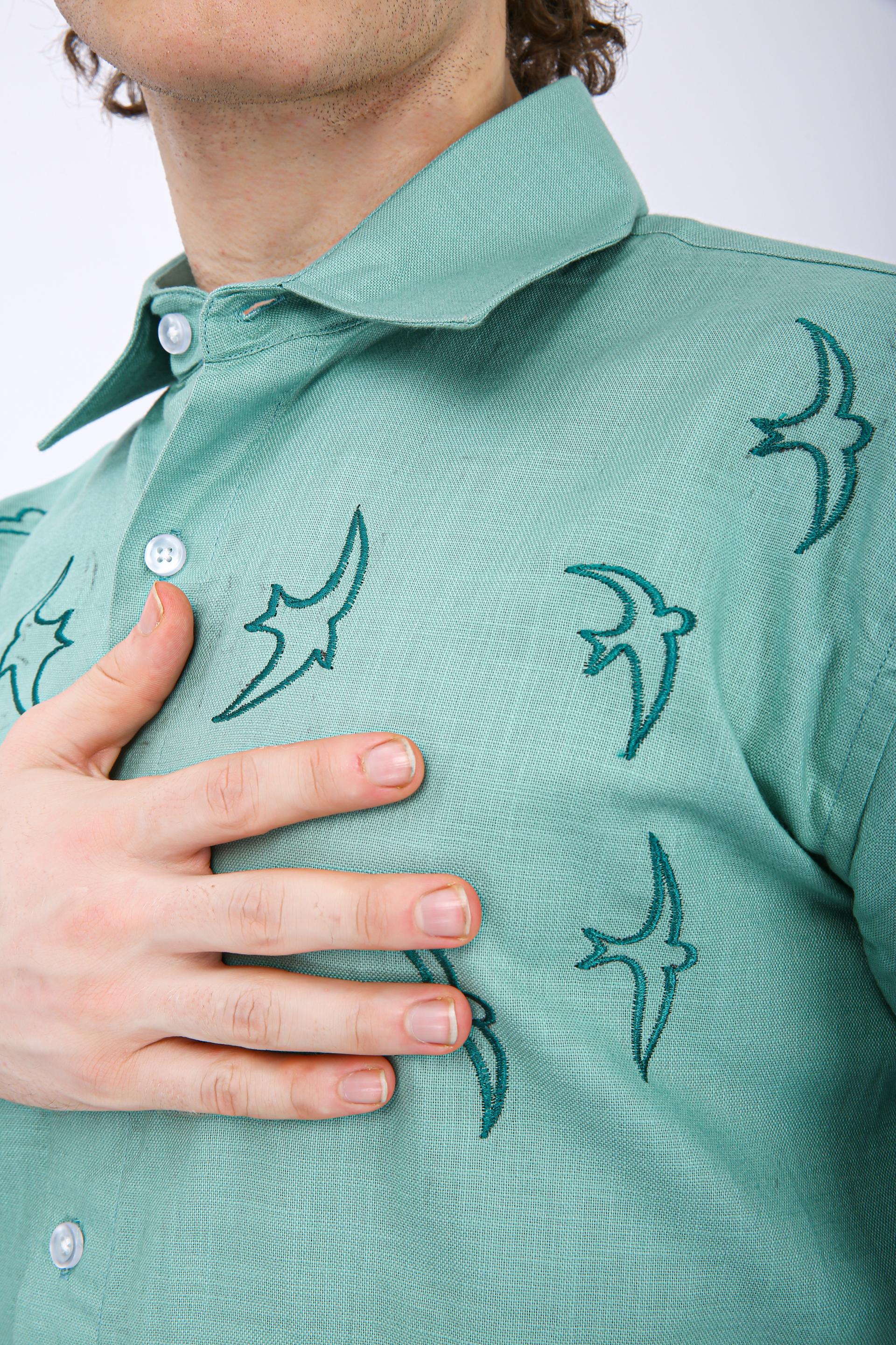 Mooniman Men's Premium Embroidered Formal Shirt - Pastel Green
