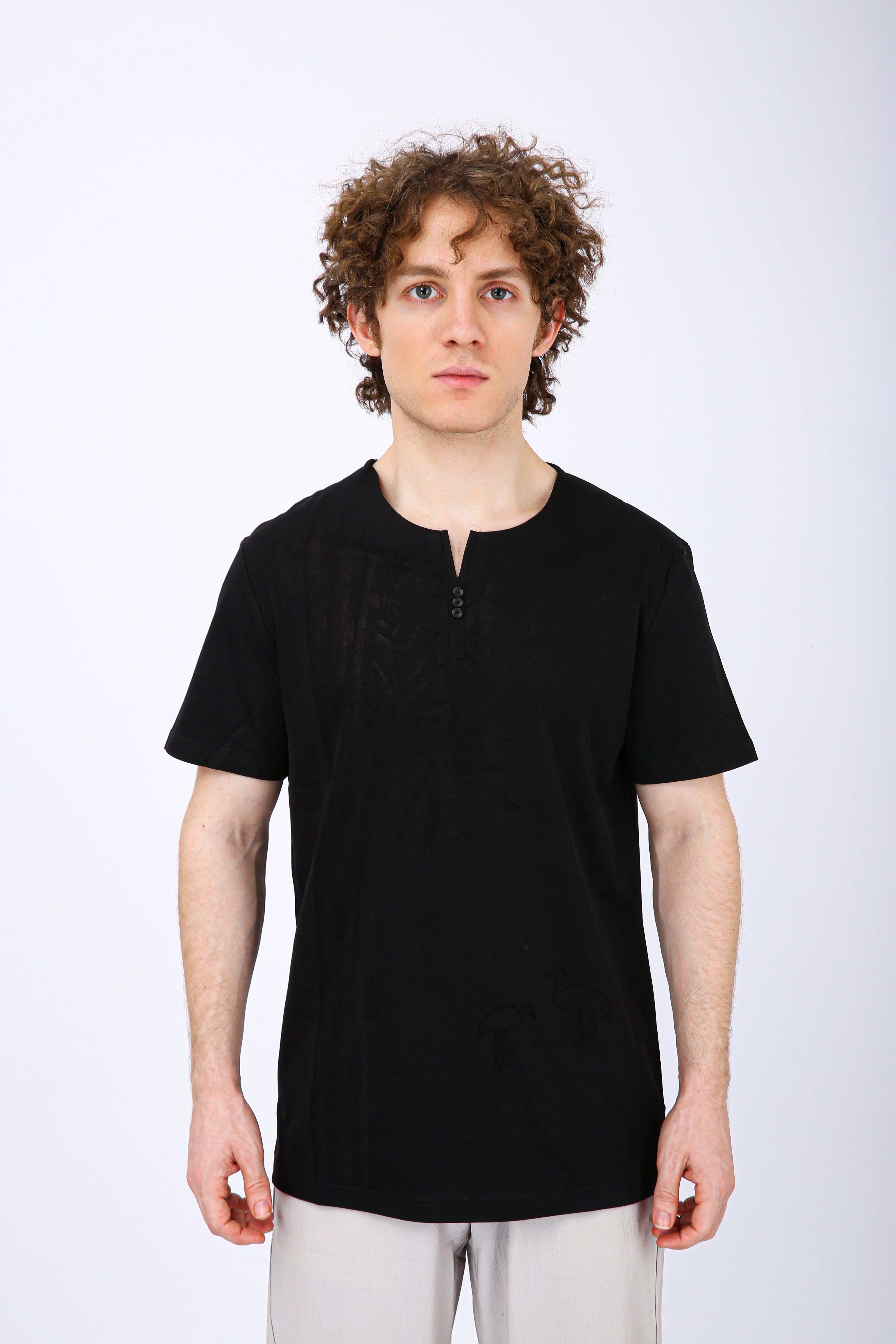 Printed Henley Neck T-Shirt - Black Leaf