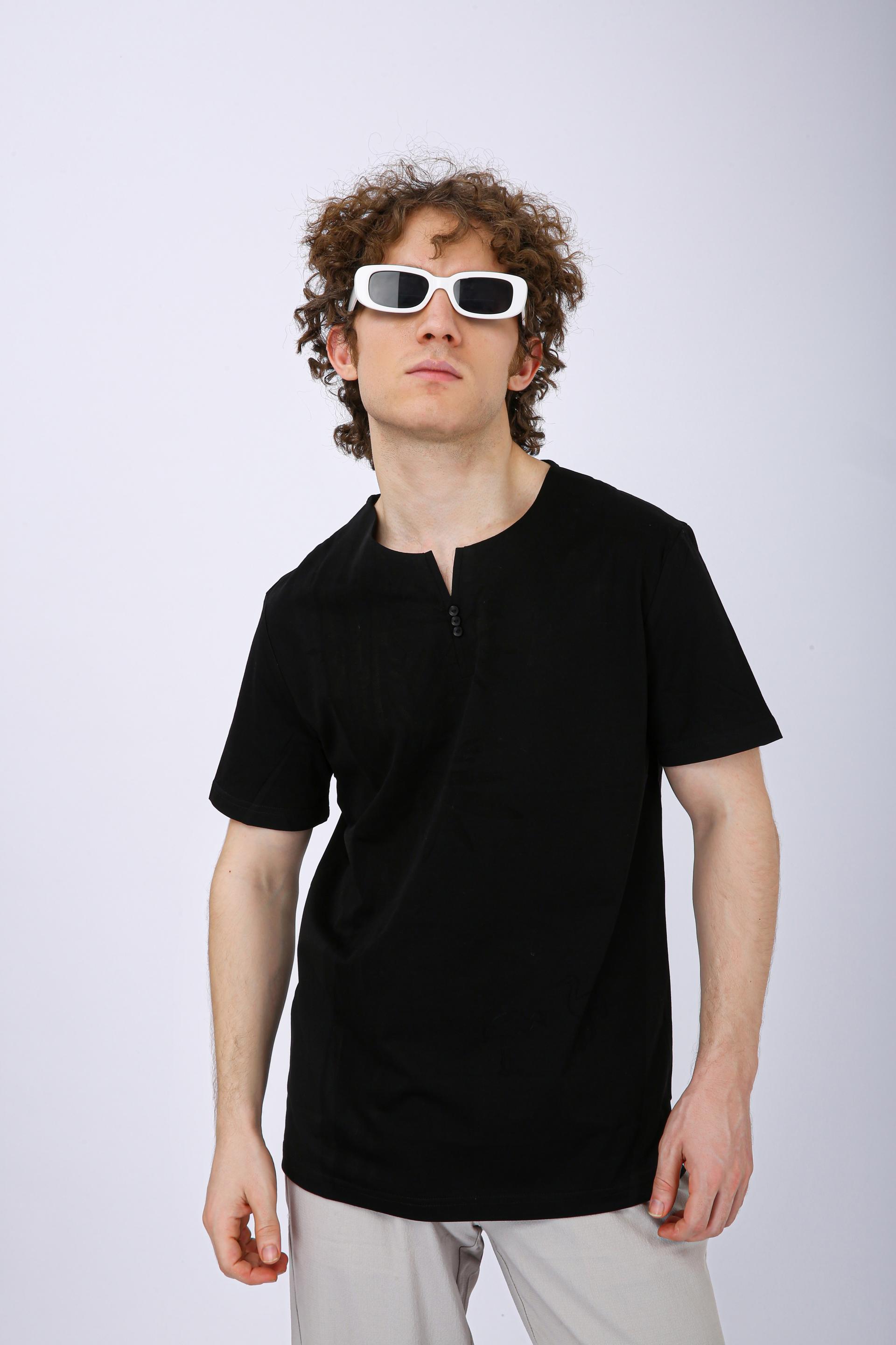 Printed Henley Neck T-Shirt - Black Leaf