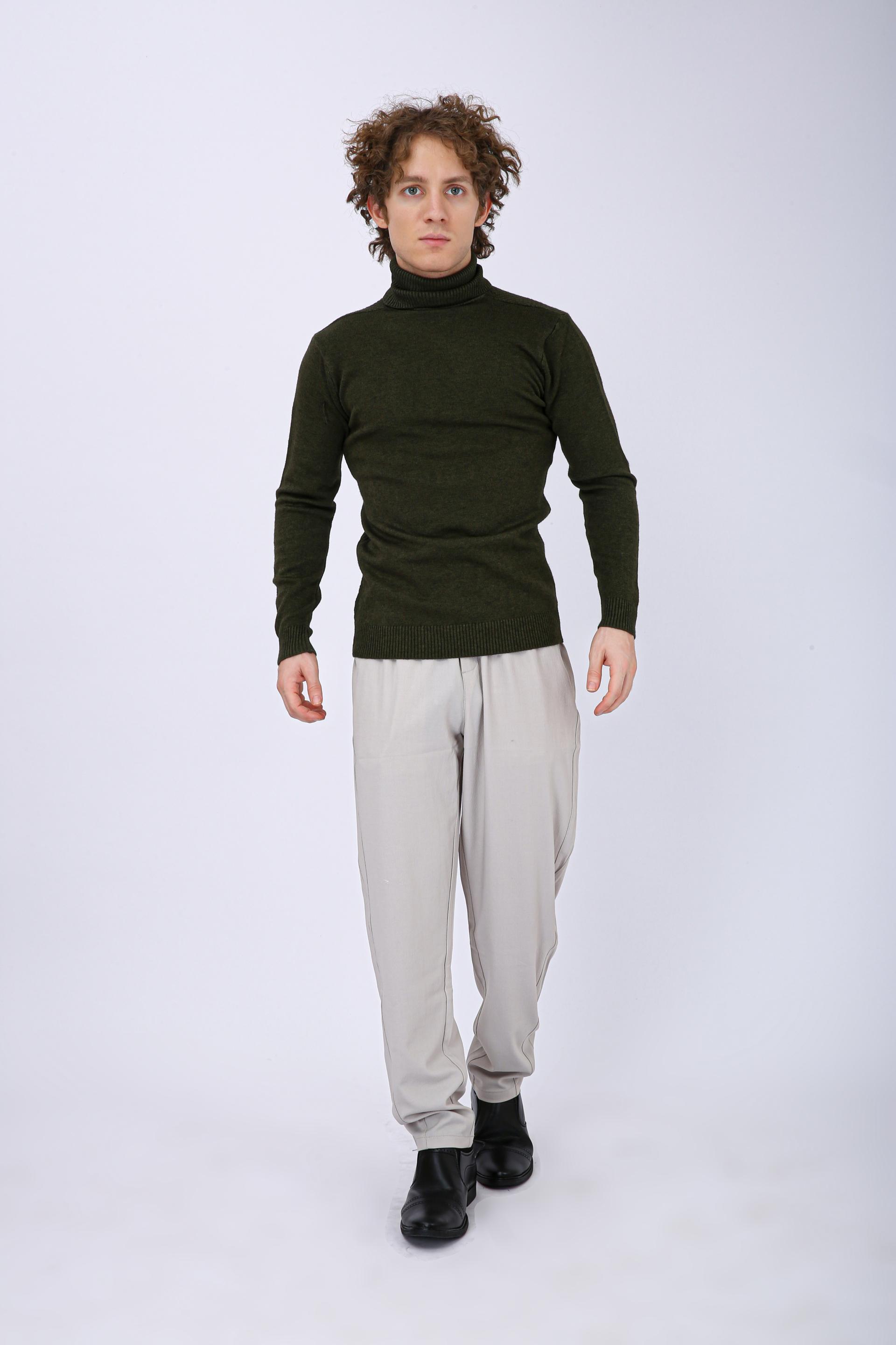 Men's Premium Diamond Knit Turtleneck Sweater - Green Full Neck