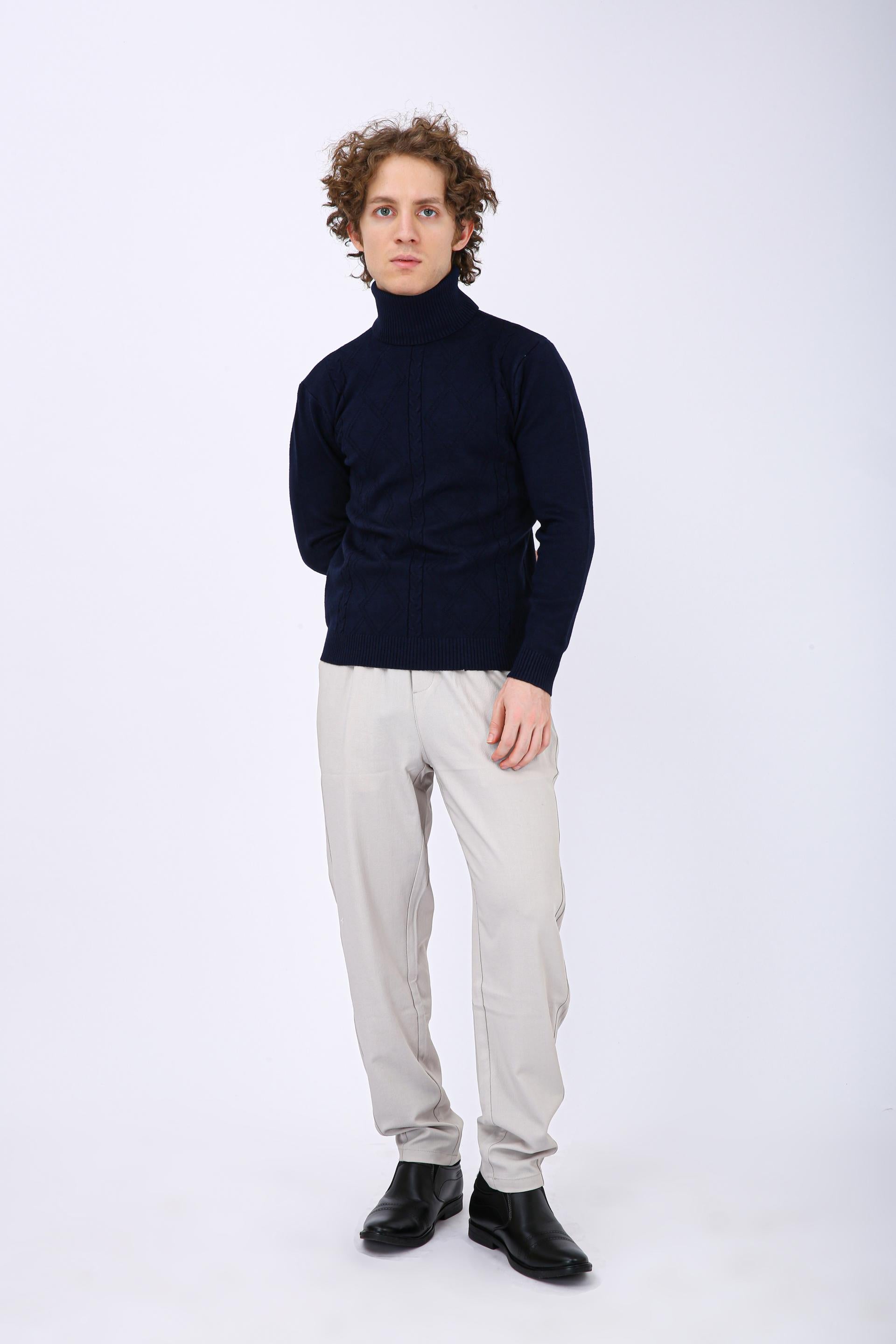 Men's Premium Diamond Knit Turtleneck Sweater - Dark Blue Full Neck